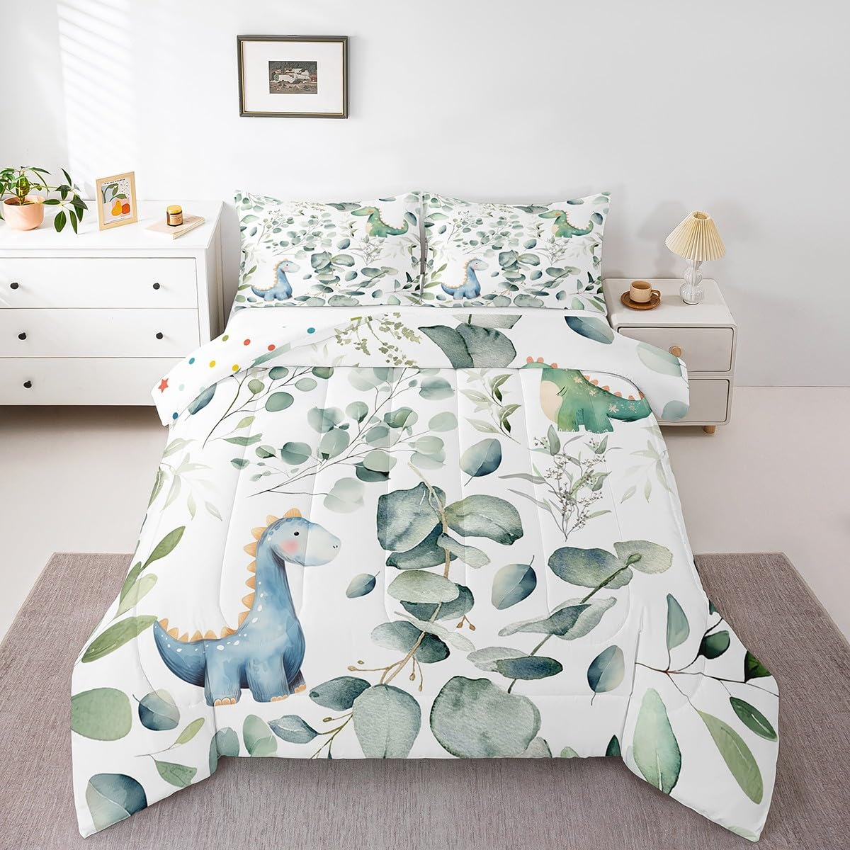 Erosebridal Kawaii Dinosaur Twin Comforter Set for Boys Girls Cartoon Animal Dino Bedding Set, Eucalyptus Leaves Bedding Comforter Sets Jungle