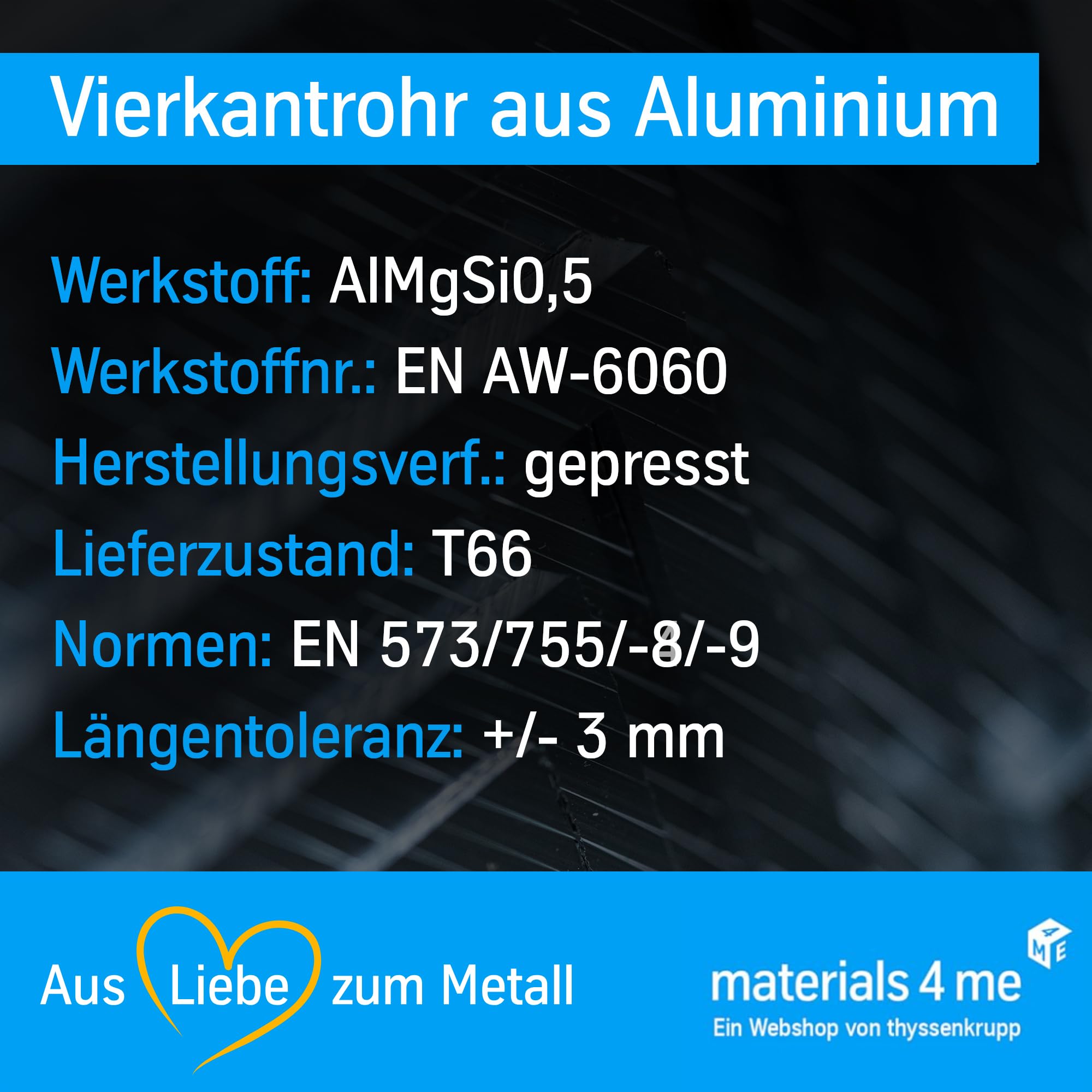 thyssenkrupp Vierkantrohr Aluminium 50x50x4 mm – 1500 mm Alu Kastenprofil | Aluminium Vierkantrohr EN AW-6060 | leicht, stabil & vielseitig einsetzbar