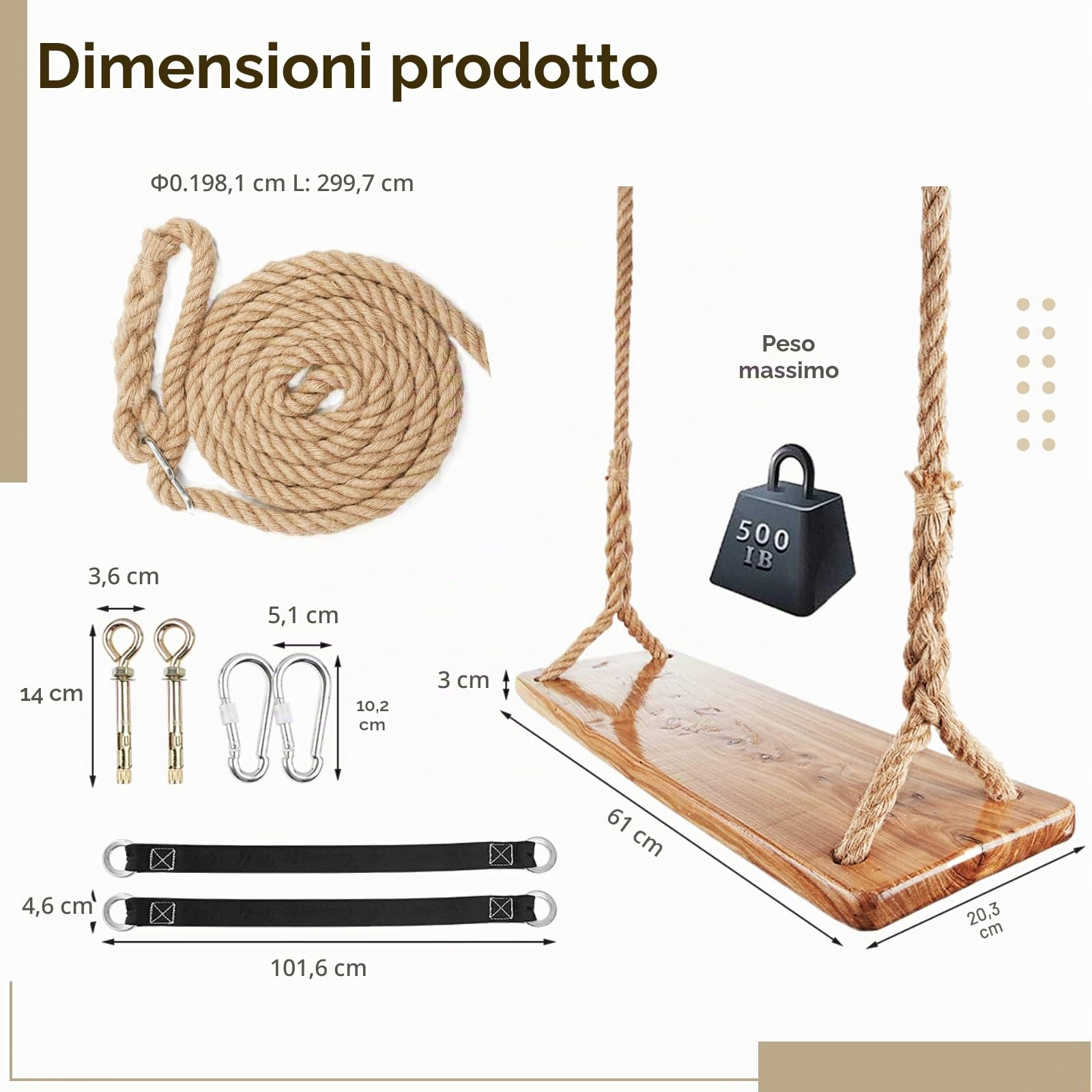 Altalena in legno per albero, capacità di carico 227 kg, altalena in legno per adulti e bambini, altezza regolabile, altalena sospesa impermeabile per interni, esterni, cortile, giardino, parco giochi