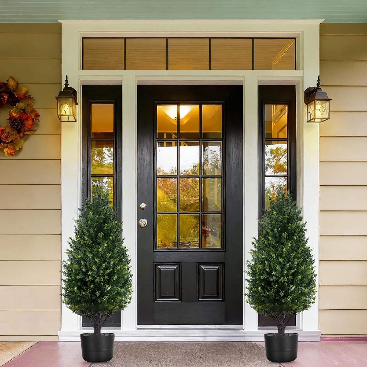 2.3FT Artificial Cedar Trees for Outdoors Planters,Set of 2 Topiary Trees Potted Artificial Cypress Christmas Tree Outdoor Indoor Fake Pine Tree Faux Shrubs with Pot for Front Porch Xmas Décor