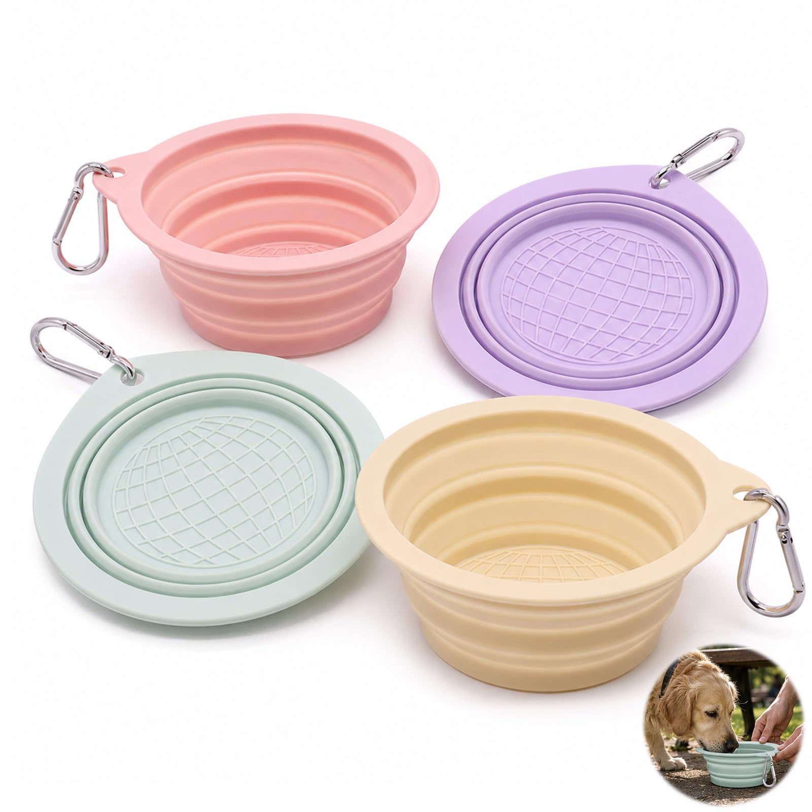 4 PCS Collapsible Dog Bowl, Portable Dog Water Bowl with Carabiner
