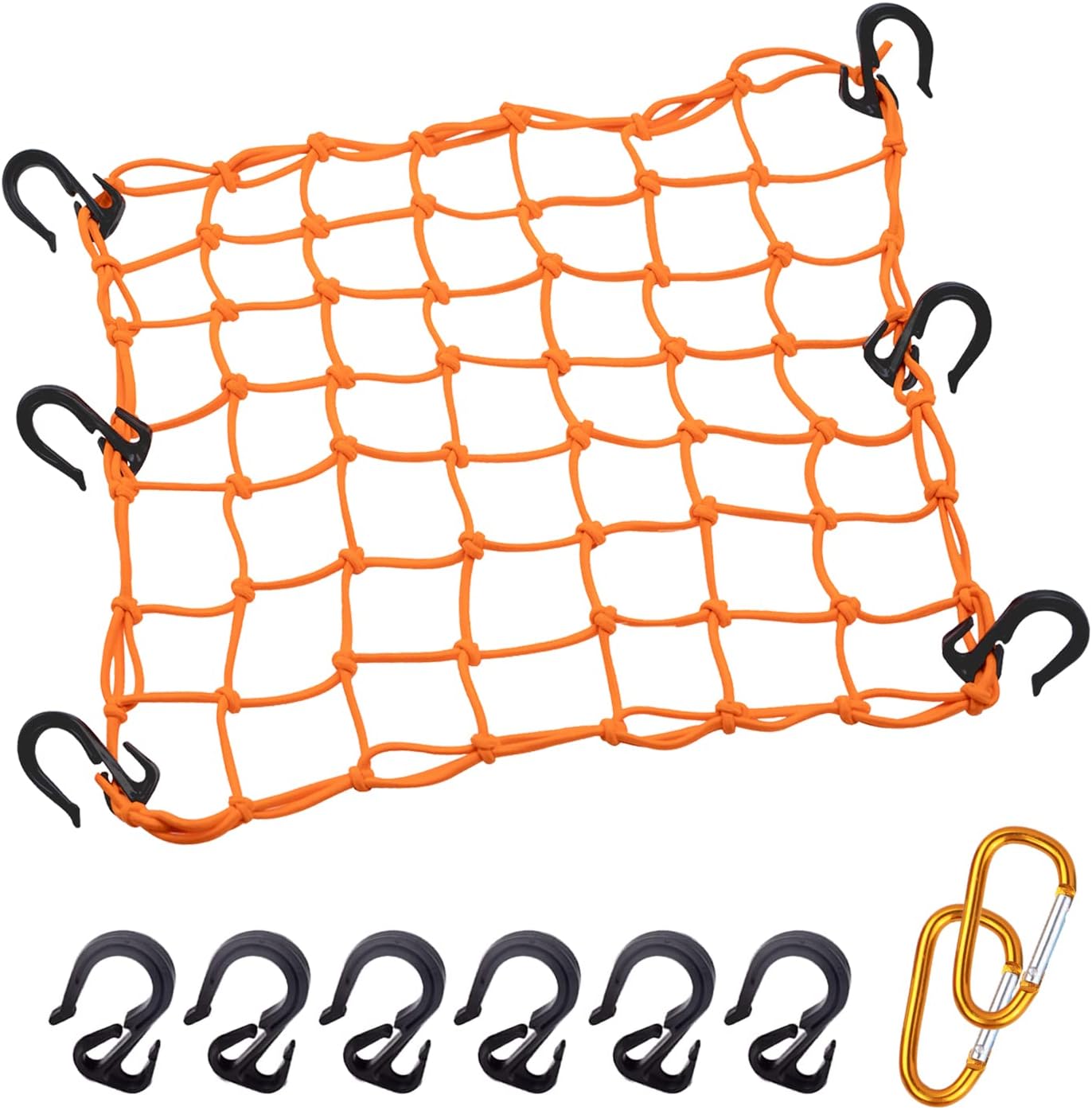 Cargo Net 15″x15″ Stretches to 30″x30″ with Thicken Hooks | Natural Latex Core, Tight 2”x2” Mesh Small Heavy Duty Bungee Net for Motorcycle Helmet, Bike, ATV, UTV, Luggage (Orange,1 Pack)