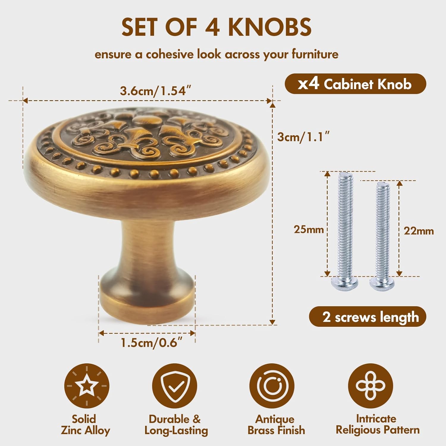 Antique Brass Cabinet Knobs - Single Hole Brushed Brass Knobs for Drawers and Cabinets, 4-Pack (Retro)