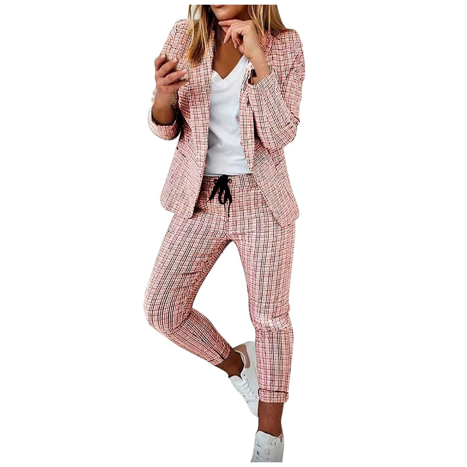 Women Blazer Set 2 Piece Outfits Plaid Print Long Sleeve Blazer with Drawstring Pants Solid Business Casual Suit
