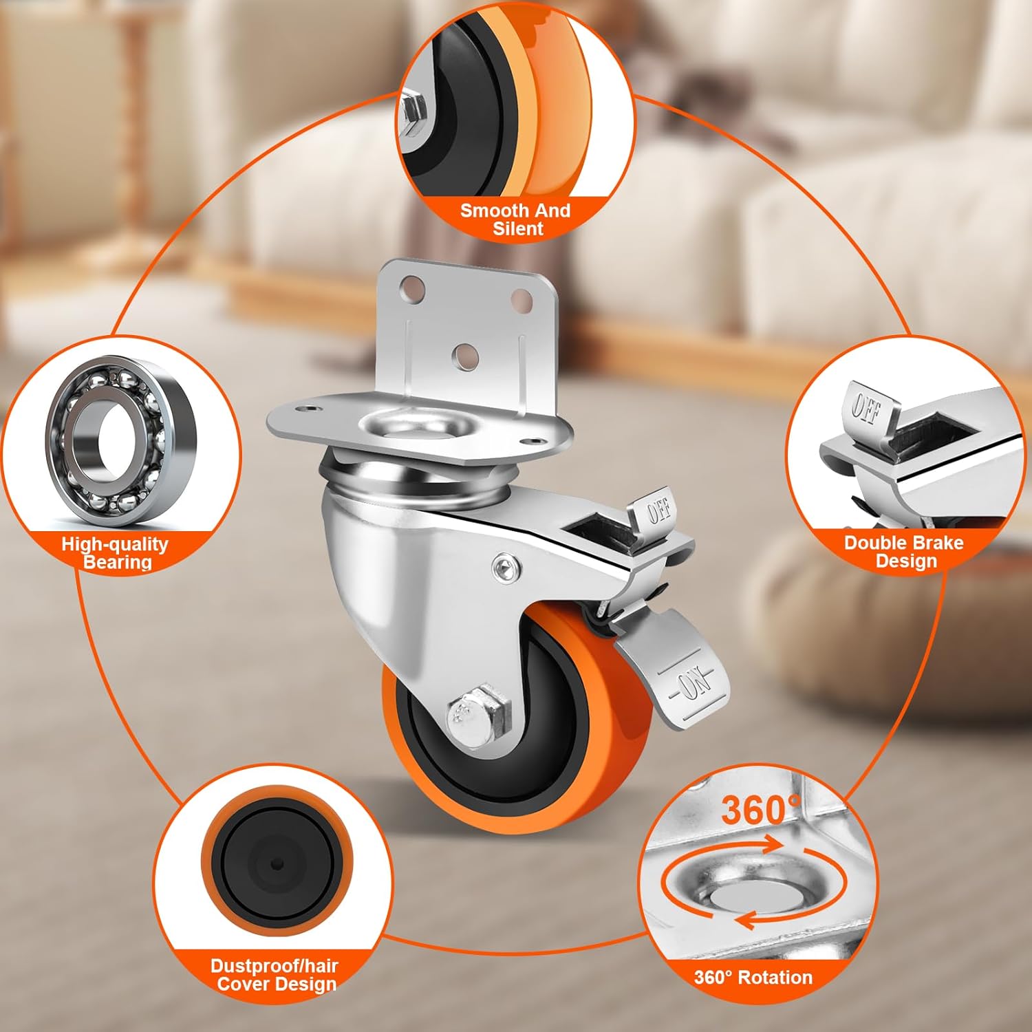 3 Inch Side Mount Casters Set of 4, L-Shape Heavy Duty Plate Caster Wheels 1000 LBS,Swivel Castors with Brakes,Silent Rubber Wheels for Furniture, Carts,Table,Office Chair