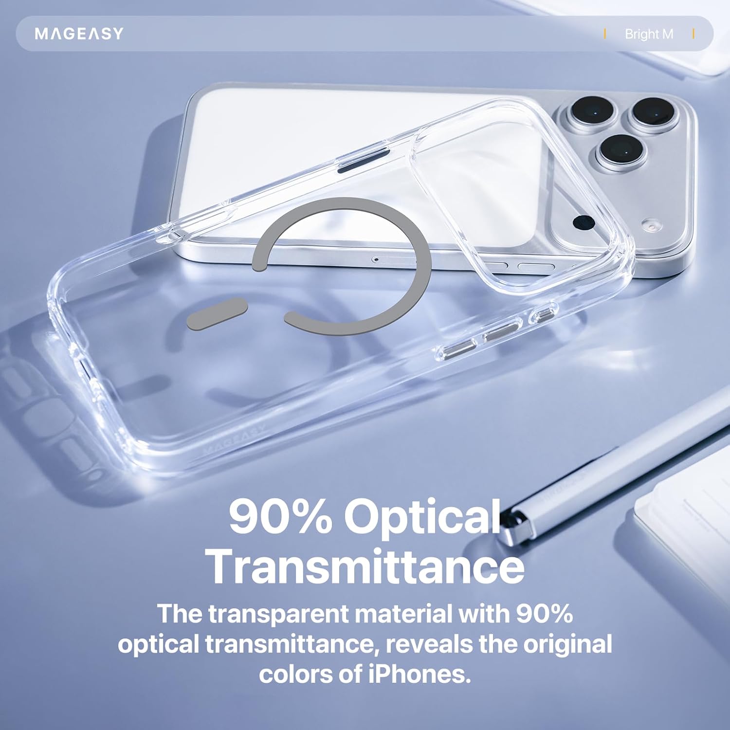 MAGEASY Compatible with iPhone 17 Pro Max 6.9" Clear Case - Crystal Clear, Never Yellow, 16ft Drop Protection, Compatible with MagSafe - Bright M (Coral Ring)