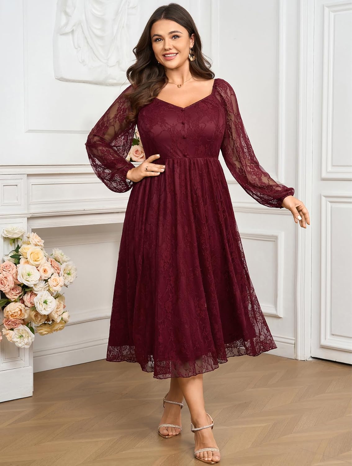 SCOMCHIC Womens Plus Size Cocktail Dress Wedding Guest Lace Long Sleeve Formal Party Maxi Dresses - Image 3