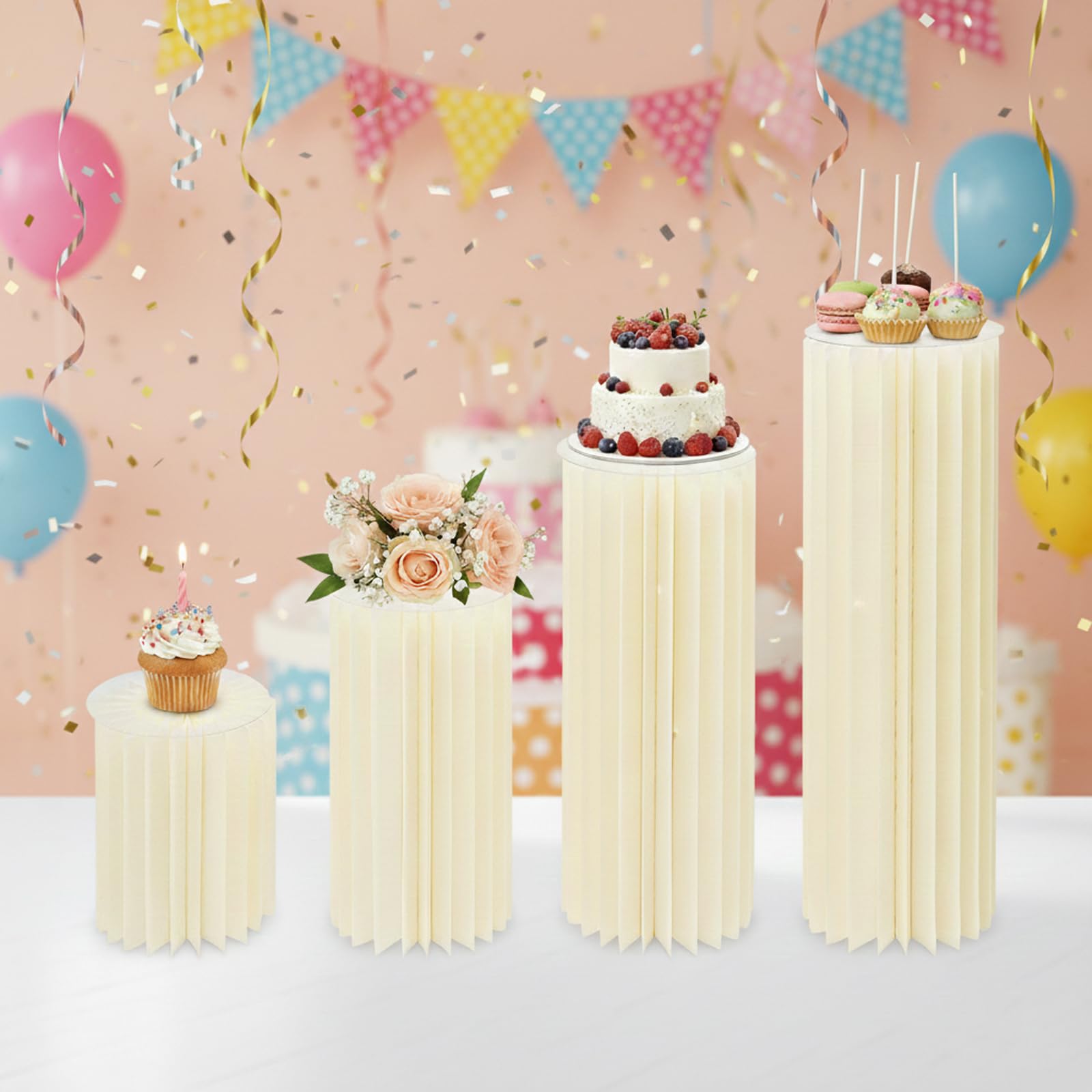 4er Set Dekosäulen mit Acrylplatte Faltbare Papier Tortenständer & Buffet Riser Display Säulen für Hochzeit, Party & Desserttisch 40/60/80/100cm