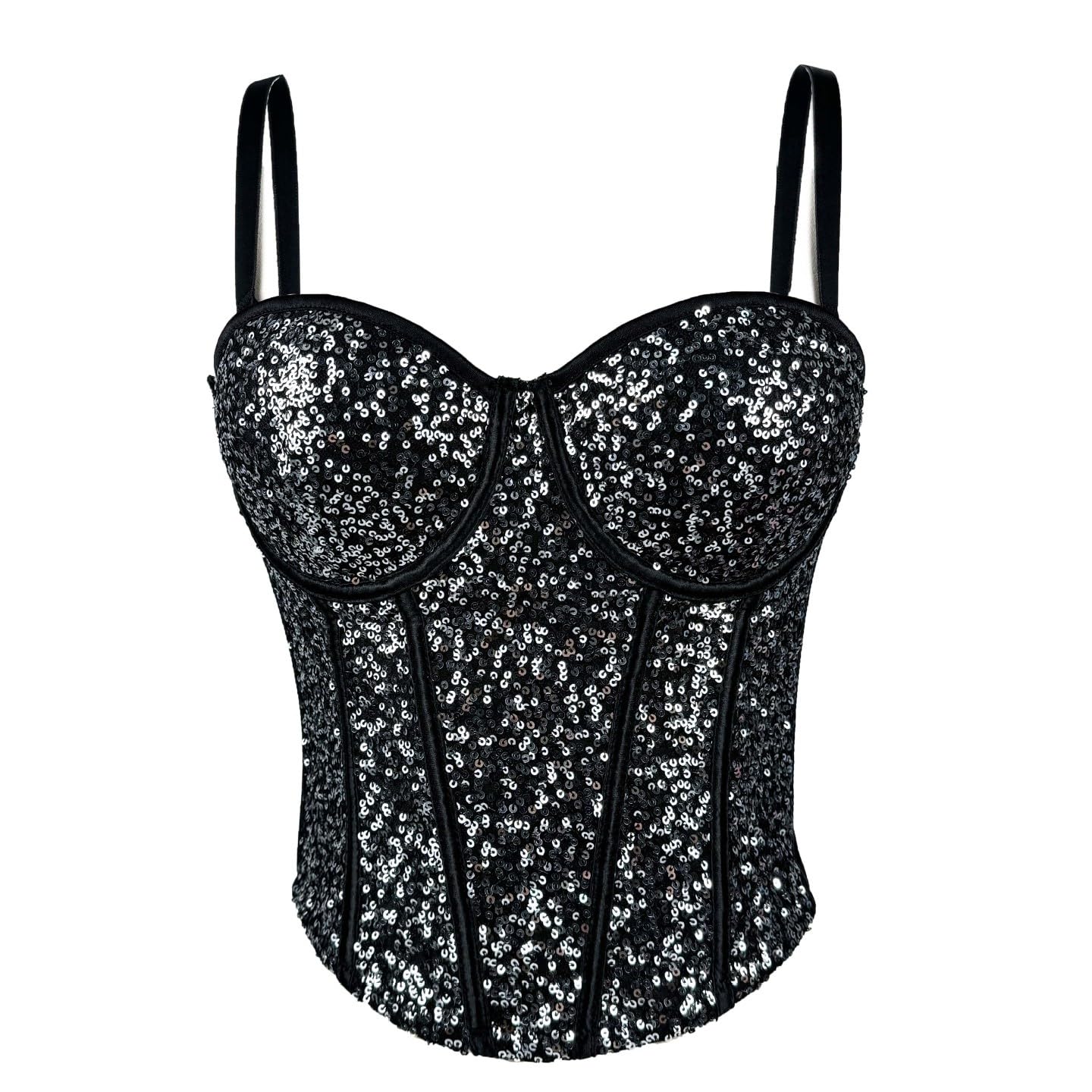 LIUYUYOUGO Sequin Corset Top Women Shiny Glitter Bustier Corset Wedding Party Crop Top Bra Vest Sexy Spaghetti Strap Push Up Corset Top Sparkly Boned Corset Camisole Bodyshaper Silver L