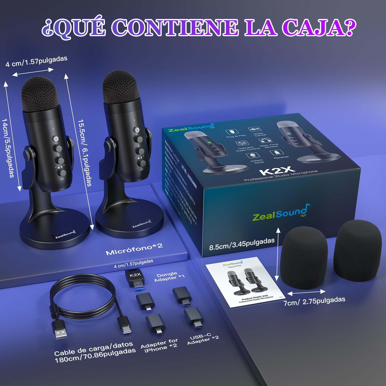 Kit de micrófono de podcast USB inalámbrico 2 en 1 zealsound para PC/iPhone, micrófono de condensador con cancelación de ruido Plug & Play para grabación de juegos en solitario/dual Stream ASMR TikTok