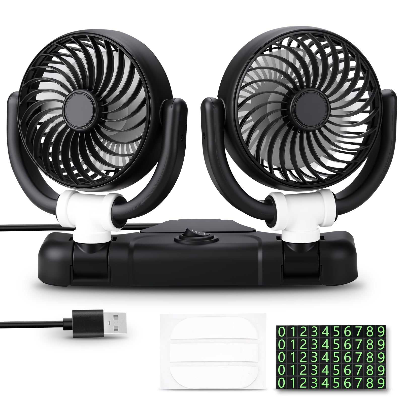 D-Lumina Ventilatore per auto, girevole a 360°, doppia testa, 12 V, con USB, 2 velocità, aria condizionata, per SUV, camper, ATV, barca, auto, targa con adesivo gratuito