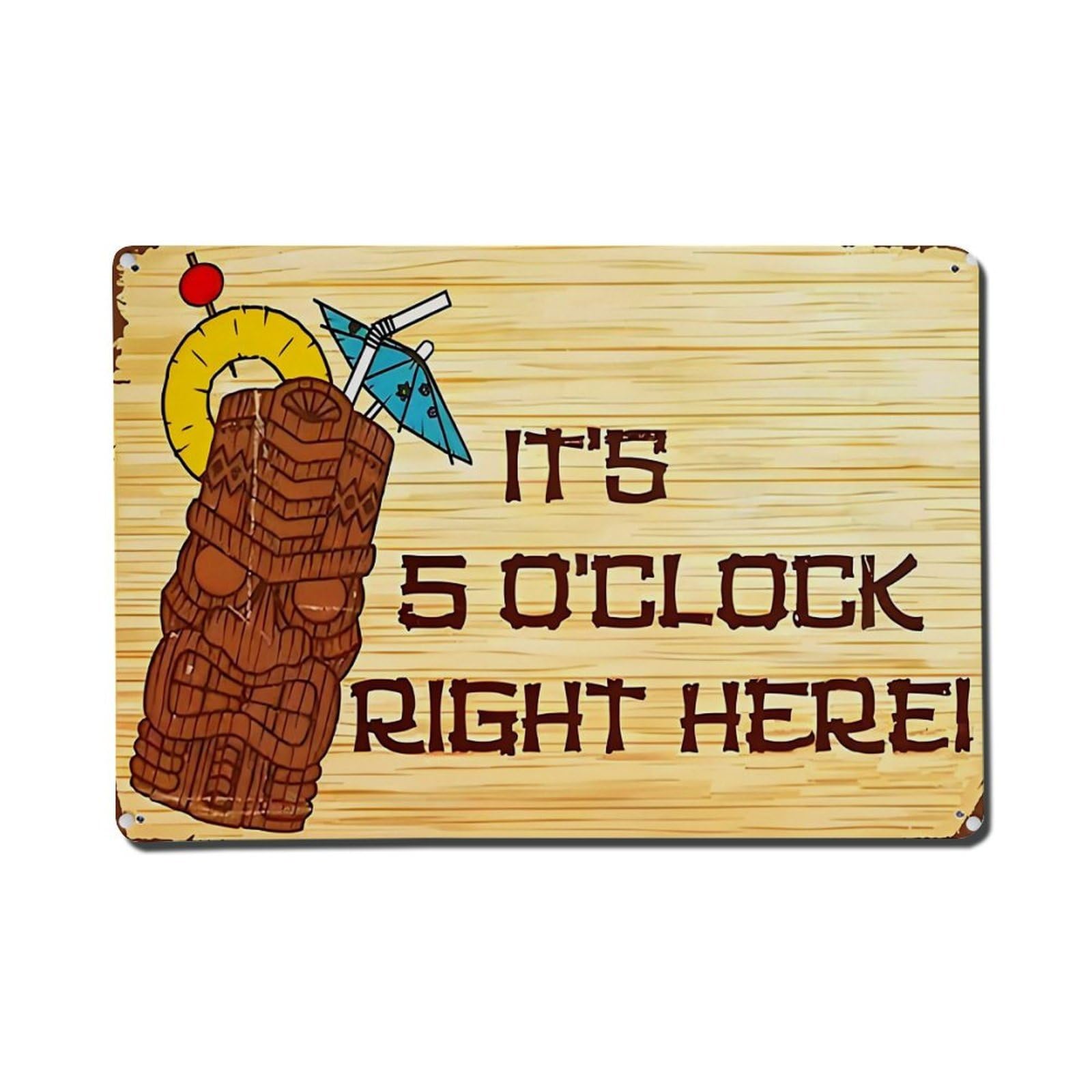 Jdfenggu Vintage Tiki Cocktail Five Oclock Here Retro Metal Tin Sign, Metal Poster For Bar, Home, Man Cave, Kitchen, Laundry Room Art Decor 8X12 Inch