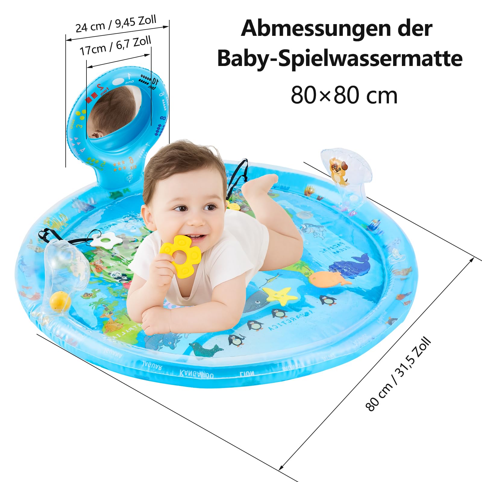 Wassermatte Baby Spielzeug 80×80 cm – Extra Große Montessori Bauchzeit Sensorik Wasserspielmatte mit Spiegel, Rassel & Beißring ab 3–12 Monate, Weltkarten Aquamatte, BPA-Frei & kein Auslaufen