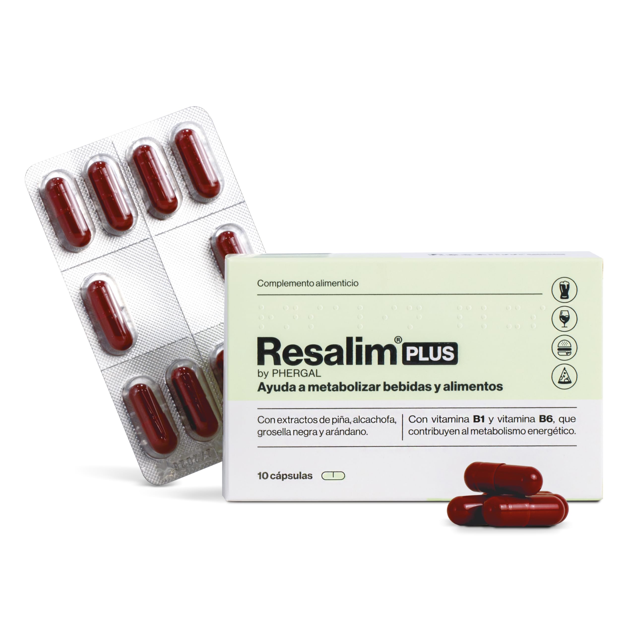 ResalimPLUS - Complemento Alimenticio para Ayudar a Metabolizar Bebidas y Alimentos, Ayuda a disminuir el cansancio y la fatiga - 10 Comprimidos