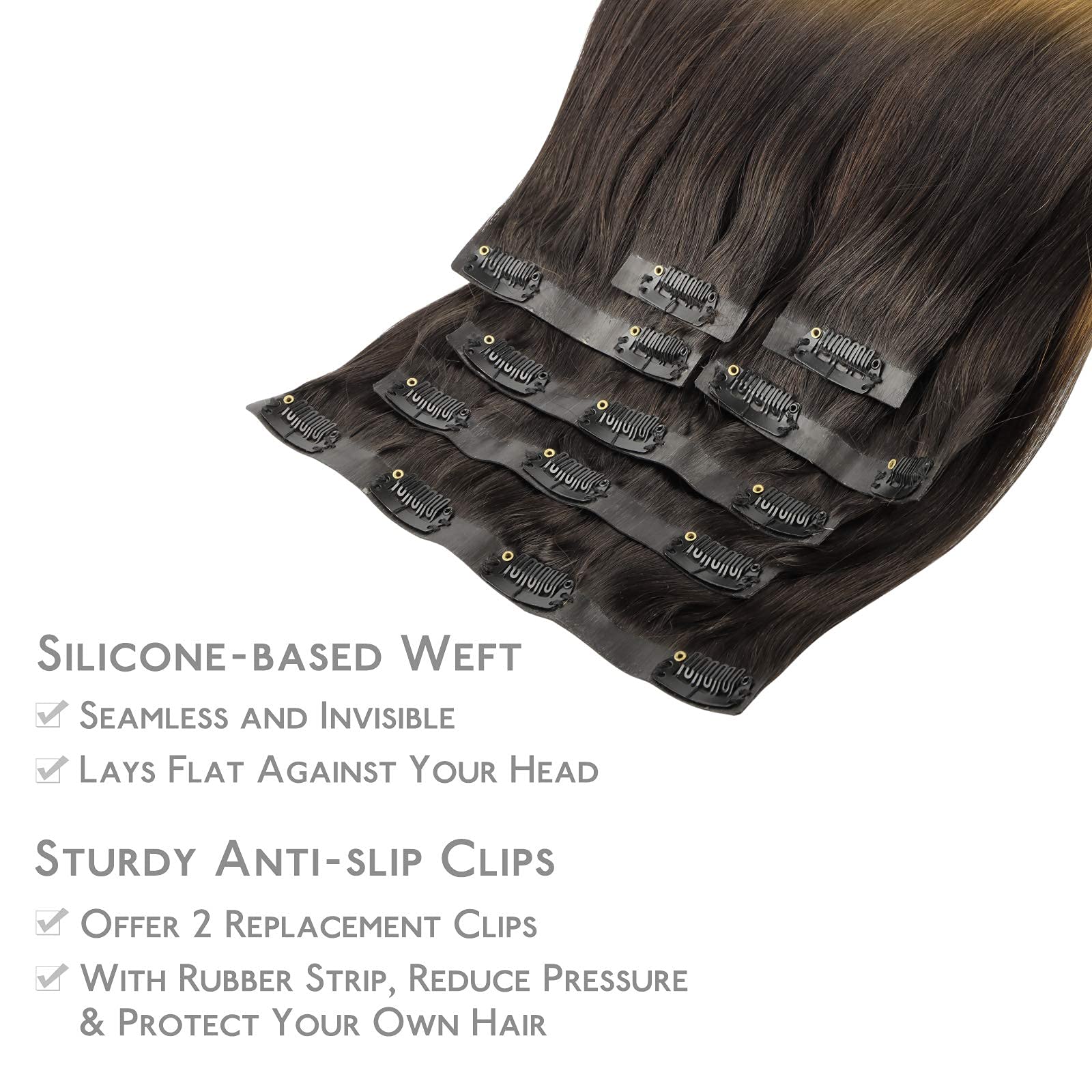 WENNALIFE Extension Capelli Veri Clip Senza Cucitura, 150g 7Pezzi 50cm Castano Scuro fino a Castano e Biondo Sporco Evidenziato Extension Con Clip Invisibile PU Seamless Extension per Capelli a Clip