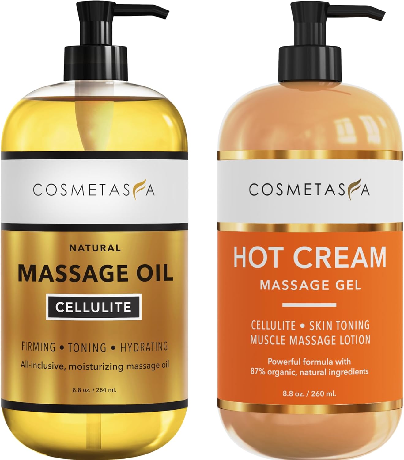Cellulite Massage Oil & Hot Cream - 100% Natural Cellulite Oil & Gel, Highly Absorbable, Firm, Tone, Tighten & Moisturize Skin - Soothes Muscles (8.8 Fl Oz Each Bottle)