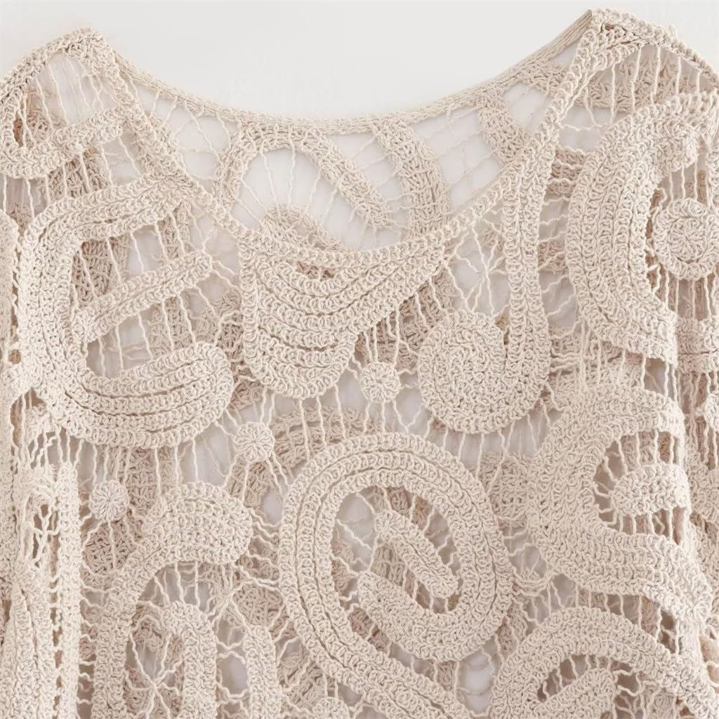 Crew Neck Pullover Loose Fit Women's Solid Color Crochet Knit Tops