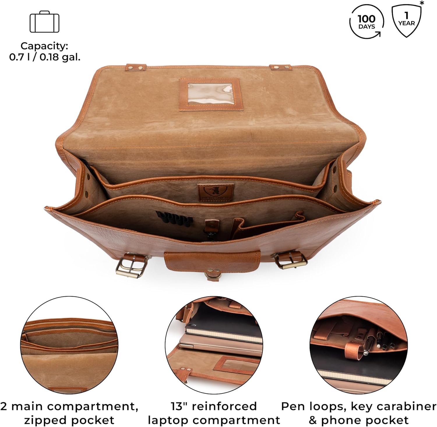 BERLINER BAGS Vintage Leather Messenger Bag York, Briefcase for Men and Women - Brown