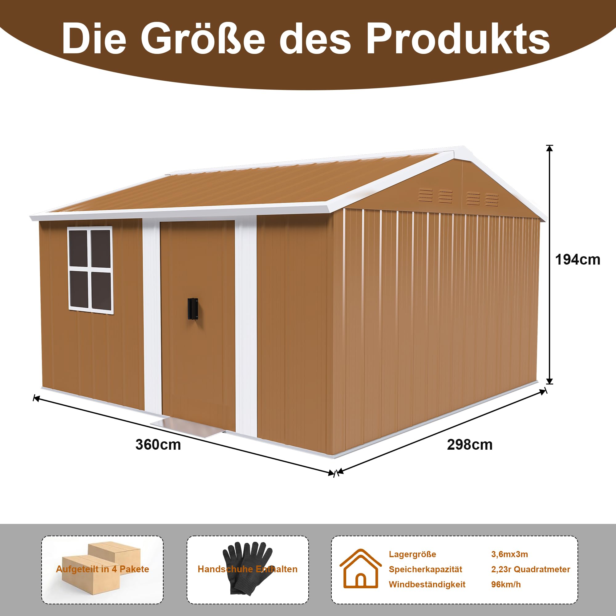 Metalowa szopa na narzędzia, 360 x 298 cm – duży domek ogrodowy ze stali z oknami, odporna na warunki atmosferyczne szafka na narzędzia, zamykane podwójne drzwi przesuwne i wentylacja, szopa ogrodowa