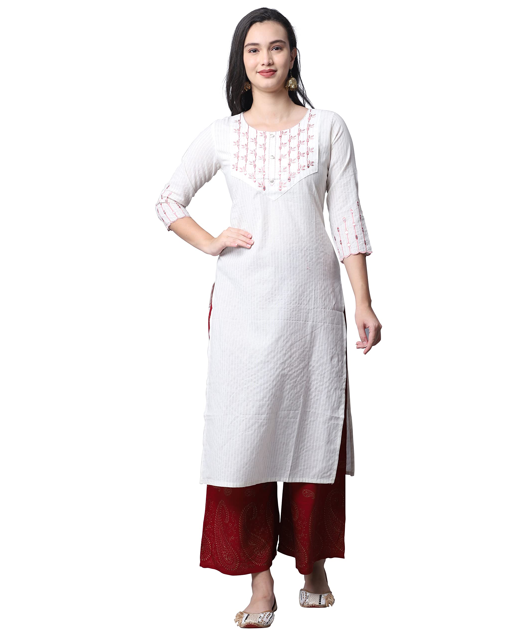 RajnandiniWomen's Pure Cambric Cotton Embroidered Kurti (JOPLJPR111-Beige)