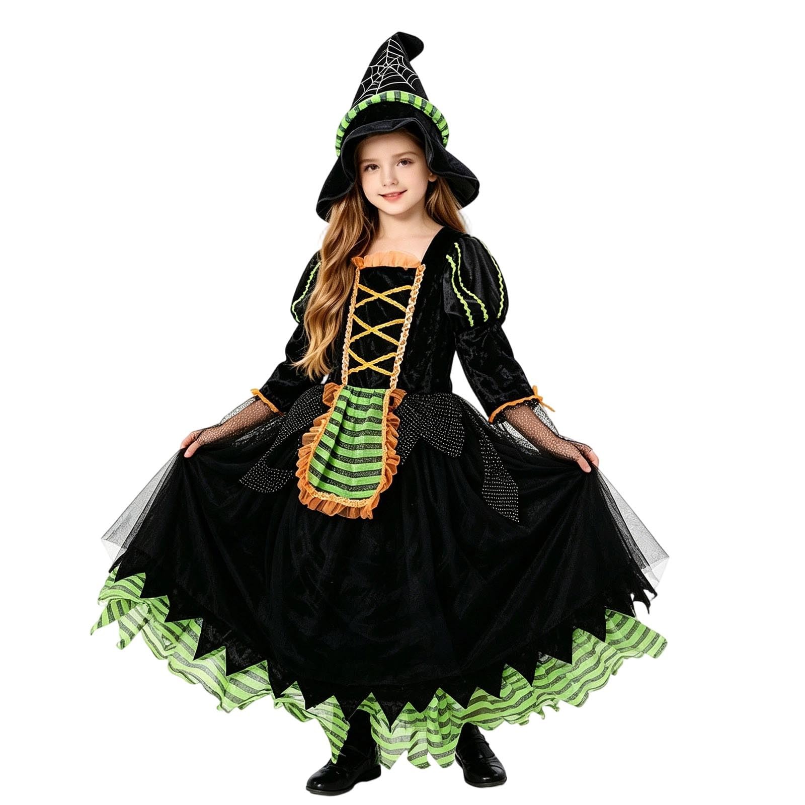 Witch Costume Kids Girls Witch Halloween Costumes with Wizard Hat 4 PCS Set
