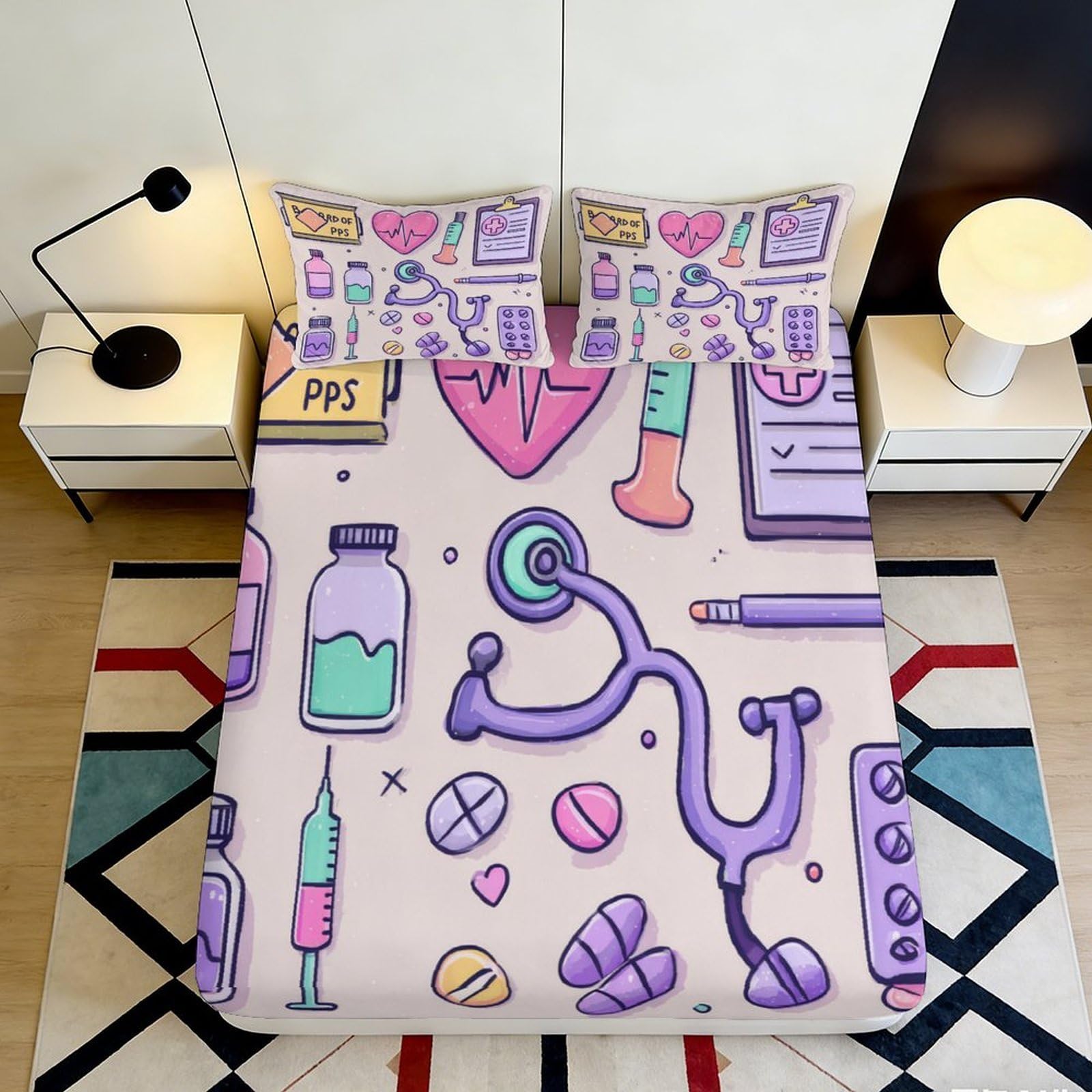 3D Printed Medical Cartoon Fitted Sheet Microfiber Anti-Slip Bed Cover for Bedroom Youth Guest Room Decor Easy Care 90x200x25cm