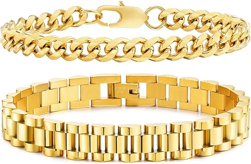 VNOX 2 pulseras de cadena para hombres y mujeres, juego de pulseras de cadena de eslabones cubanos de acero inoxidable resistente para hombres y