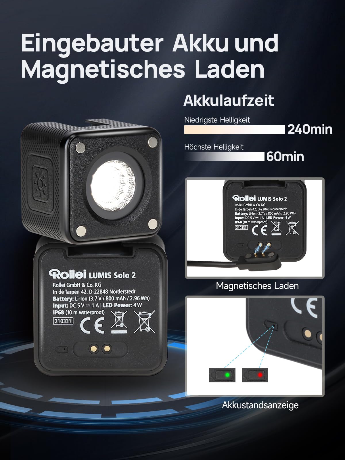 Rollei Lumis Solo 2 Led Würfel Kamera, Kleiner Videoleuchte inkl. Farbfilter für den Einsatz unterwegs, Mini Cube Makro Licht Fotografie 70g 5500K mit Akku, Led-Videoleuchte-Video-Licht-Würfel