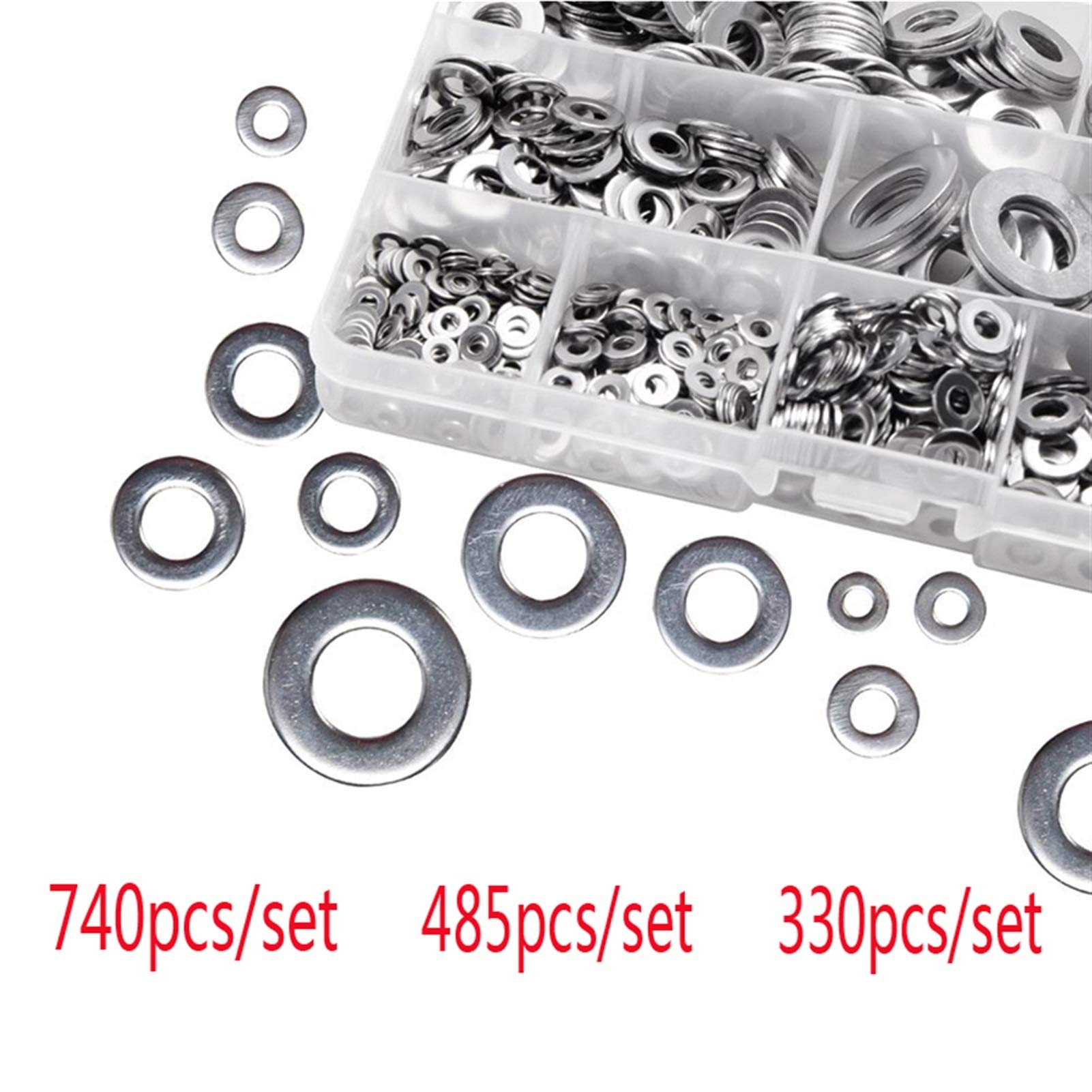 Zkenshan-Flache Unterlegscheiben 740/330P Waschmaschine Set M2 M3 M4 M5 M6 M8 M10 M10 M12 Edelstahl Waschmaschine Flache Unterlegscheiben Ring GuNe Dogets, gute Verschleißfestigkeit ( Color : 740pcs )