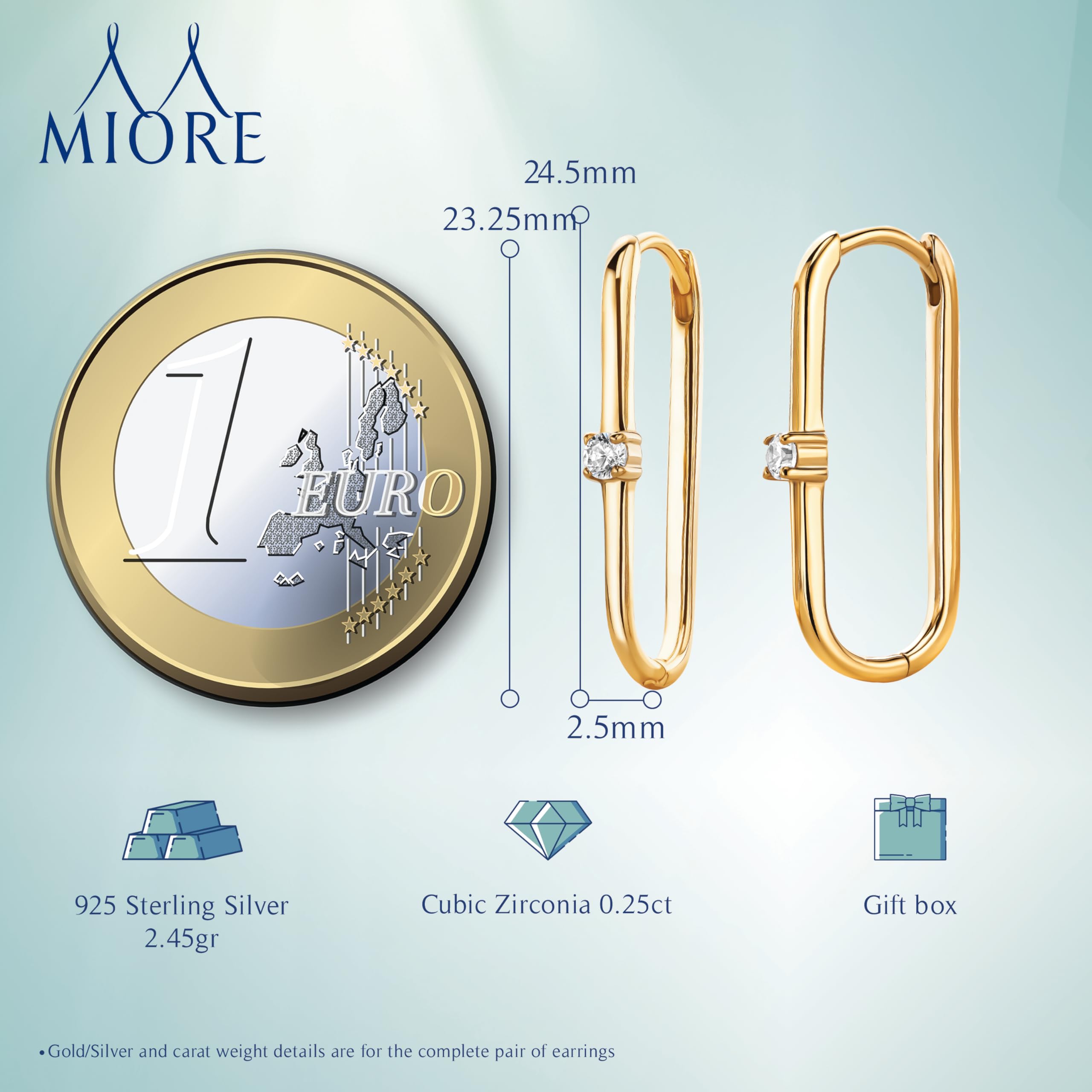 Miore Pendientes de mujer de plata de ley y chapados en oro amarillo de 18KT pendientes de aro ovalado de plata de ley 925 y circonitas Hipoalergénico