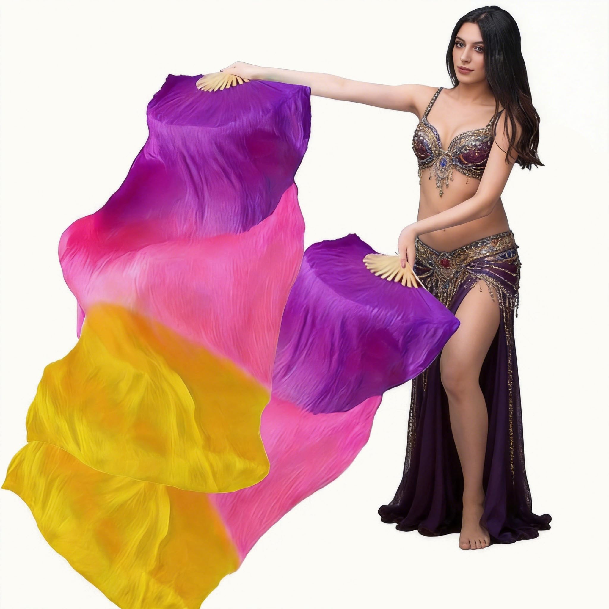 Women 1 Pair (Left+Right) Silk Belly Dance Fan Veil Belly Dancing Long Folding Fans Length 180 cm Width 90 cm (Purple rose yellow)