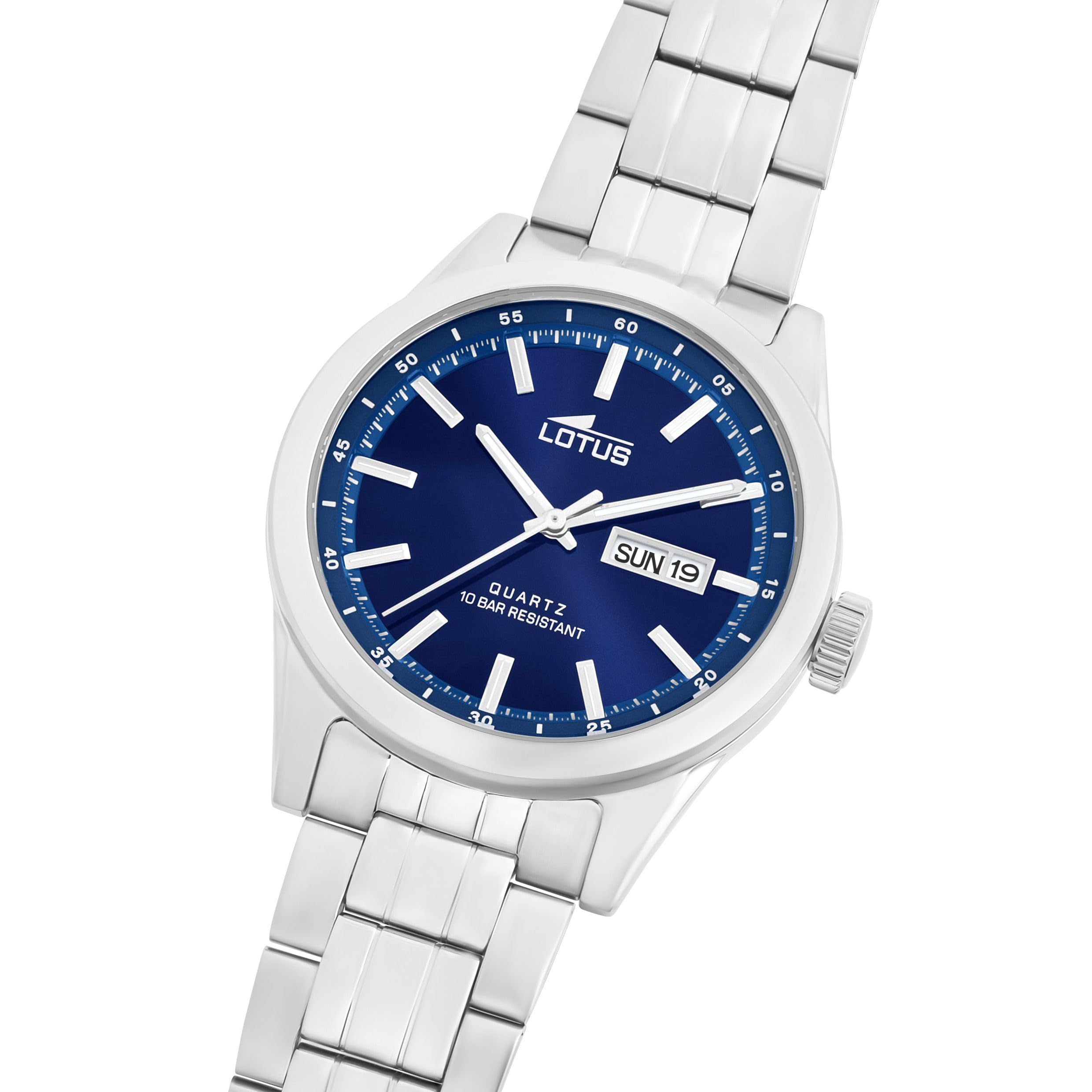 LOTUS Reloj Hombre Analógico de Acero Inoxidable 316l Plateado - Movimiento de Cuarzo - Calendario - Cristal Mineral de Alta Resistencia - Resistente al Agua 10 ATM Clásico 18670