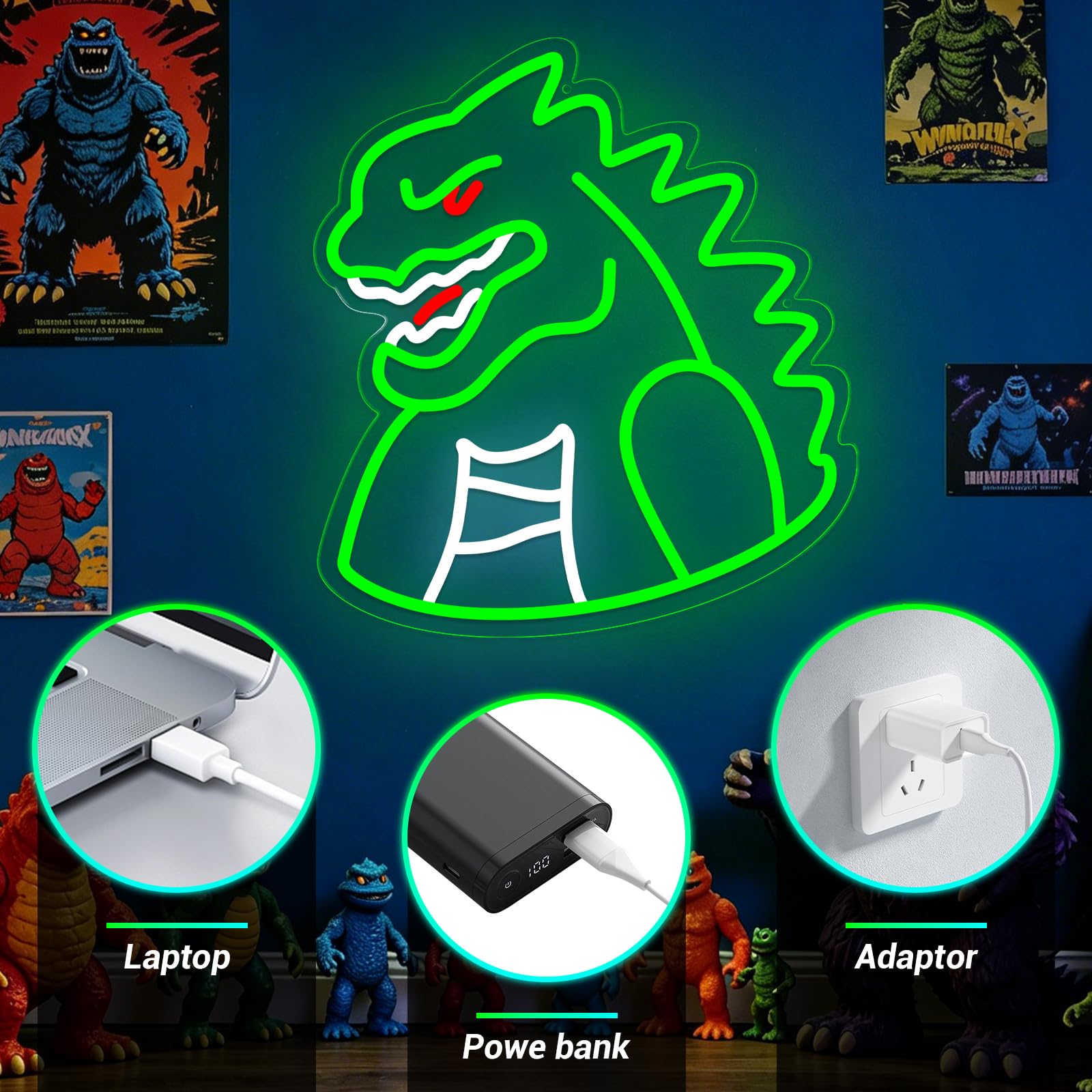 Neonowy znak świetlny Monster do dekoracji ścian, dinozaur LED do dekoracji pokoju i jaskini człowieka, ściemniane, zasilane, do sypialni chłopców, na imprezę, urodziny, prezent świąteczny