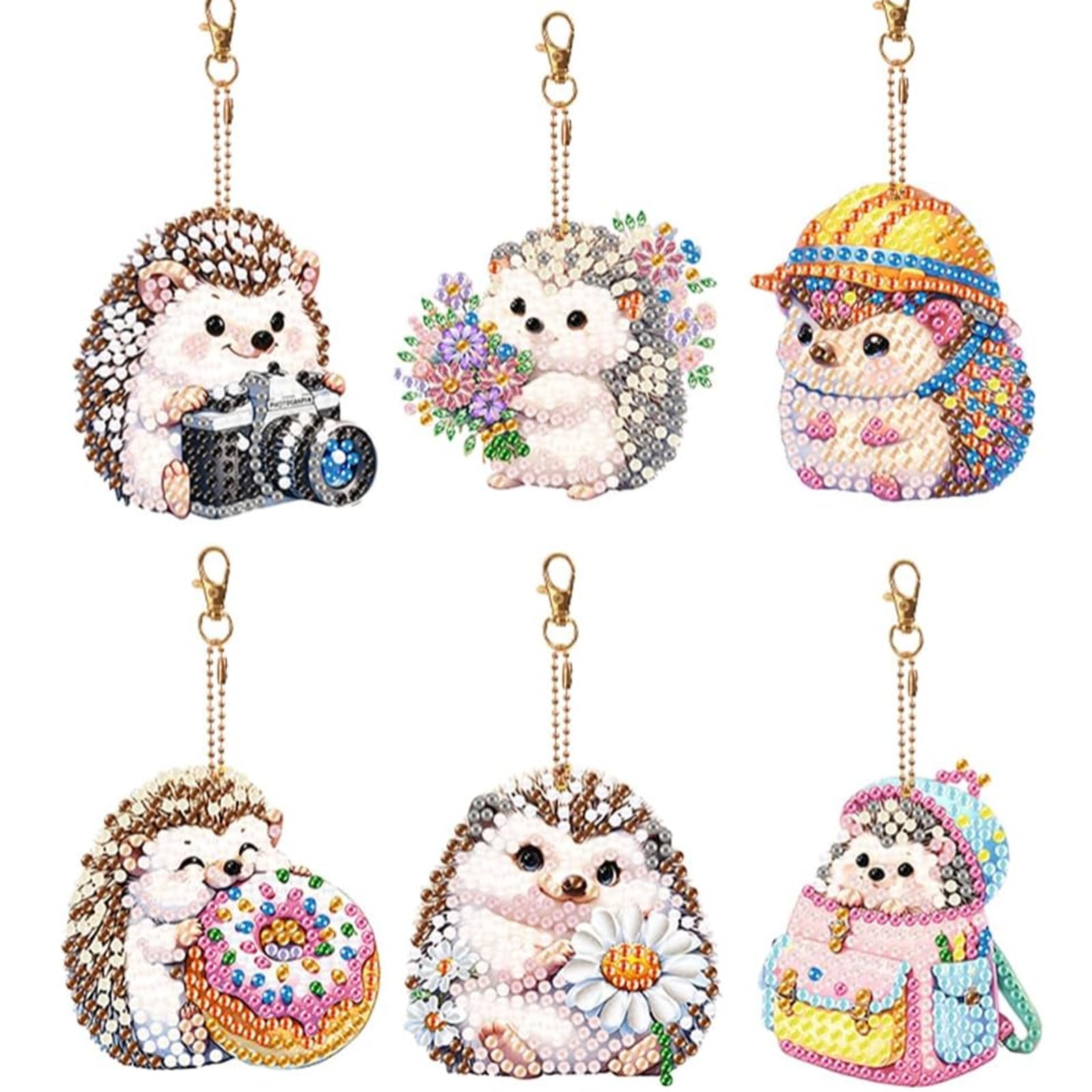 ダイヤモンドアート キーホルダー 6点セット 多彩ハリネズミ柄 両面ダイヤモンドビーズ刺繍 DIY手作りペンダント 初心者向け アクセサリー 装飾用