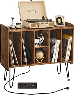 Large Record Player Stand with Vinyl Storage, Record Player Table with Power Outlet, Holds Up to 200 Albums, Turntable Stand with Metal Legs, Vinyl Record Player Shelf for Living Room, Rustic Brown