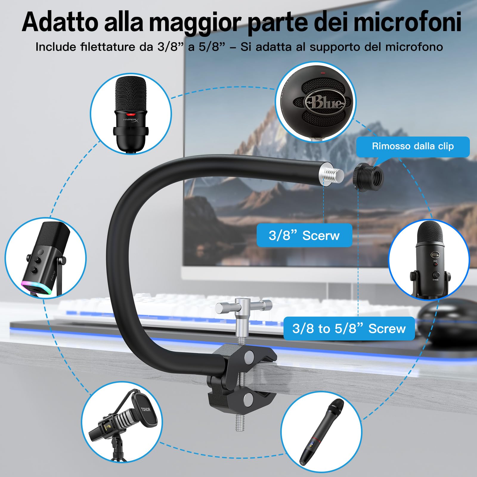ZealSound Supporto Microfonico con Braccio Flessibile da 13 pollici, Morsetto Heavy-Duty per Tubi e Scrivanie, Gooseneck Regolabile con Clip per Podcast, Compatibile con Blue Snowball, Razer
