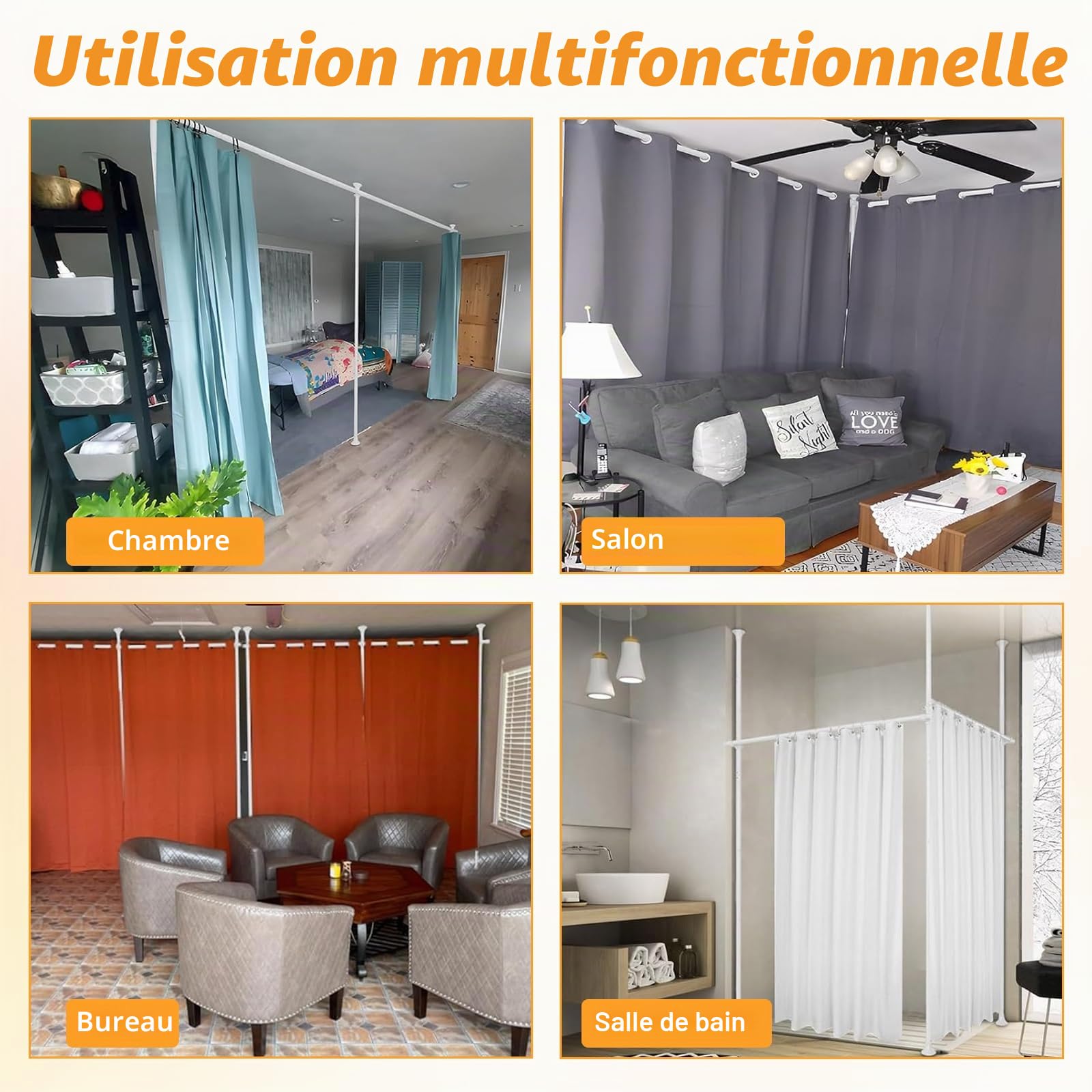 Cloison de séparation - Tringles à rideaux autoportantes sans rideau - Brise-vue pour salon, chambre à coucher ou bureau - 280 x 317 cm (l x H) - Blanc