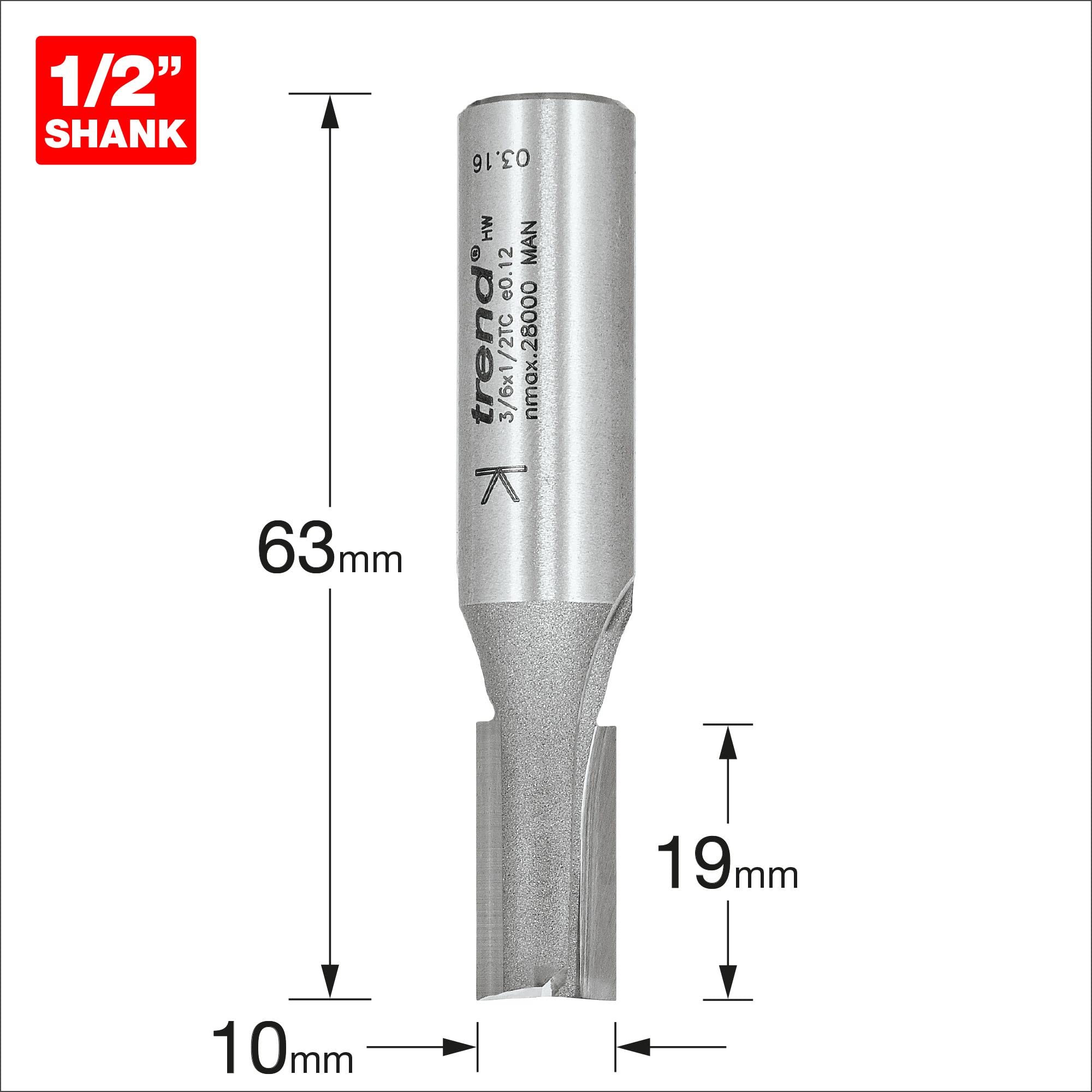 Trend Profesjonalny frez prosty dwupiórowy do frezarki górnowrzecionowej, trzpień 1/2 cala, średnica cięcia 10 mm, długość cięcia 19 mm, węglik spiekany (TCT), 3/6X1/2TC