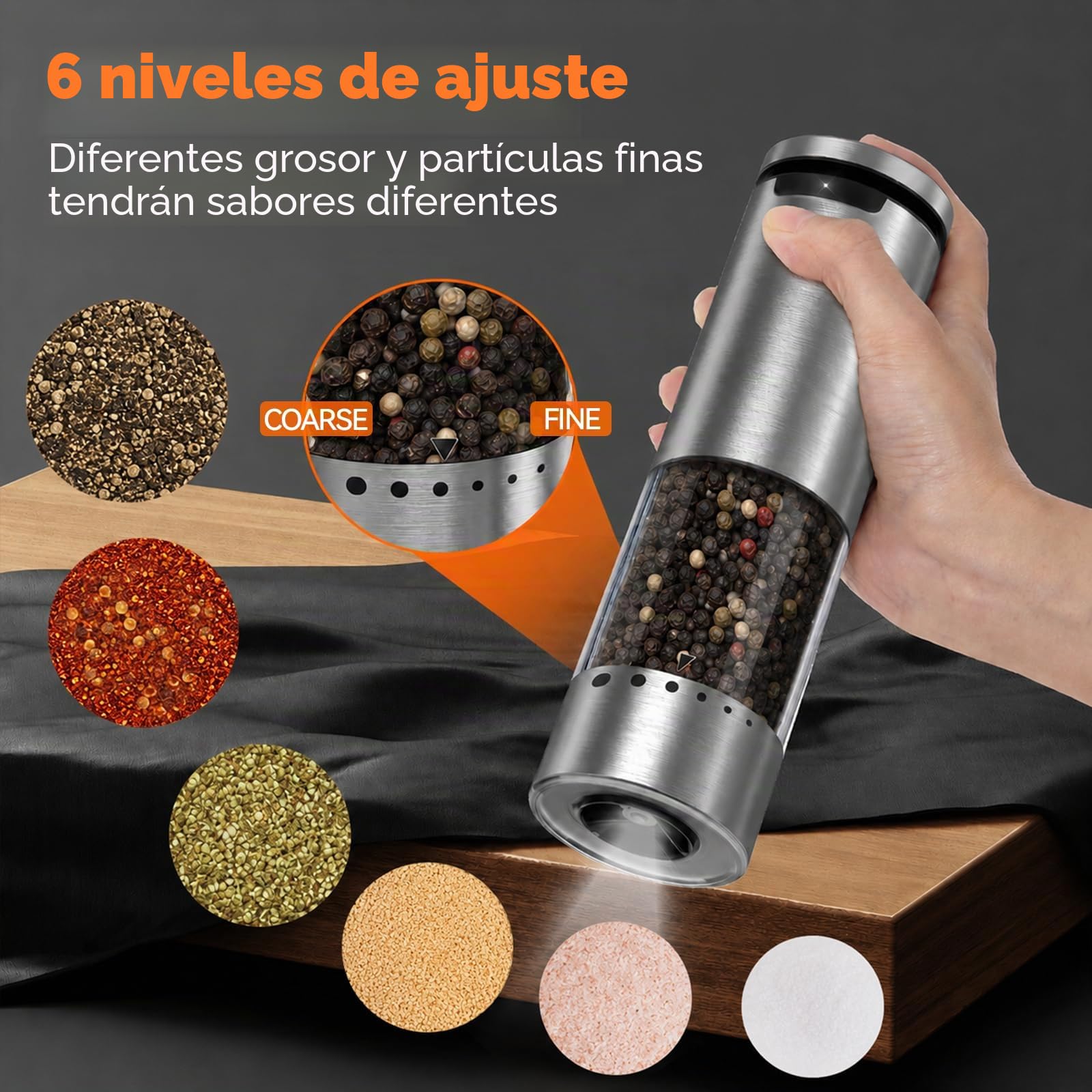 VOXON Molinillo Pimienta Eléctrico Set de 2, Salero y Pimentero con Recarga USB, 5 Niveles Ajustables, Pimentero Eléctrico Automático con Luz LED – Saleros de Cocina para BBQ y Hogar