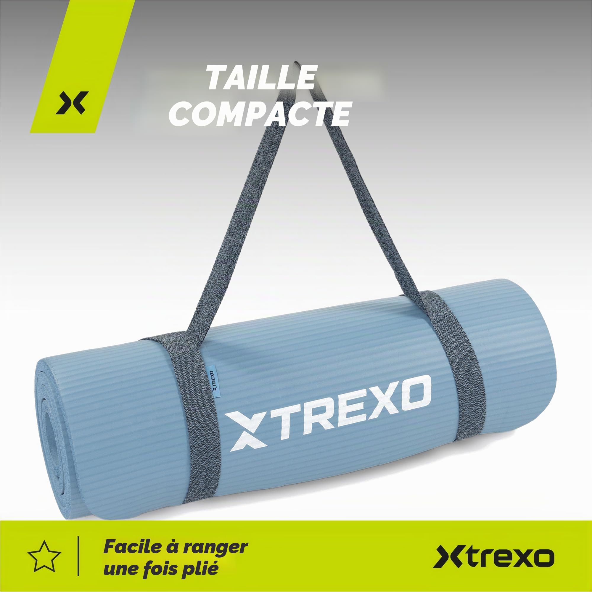 TREXO Tapis d'Exercice en NBR 183 x 61 cm Matériau Exceptionnellement Durable et Flexible 15 mm d'Épaisseur avec Structure Antidérapante dans l'Ensemble avec Sangle pour Porter