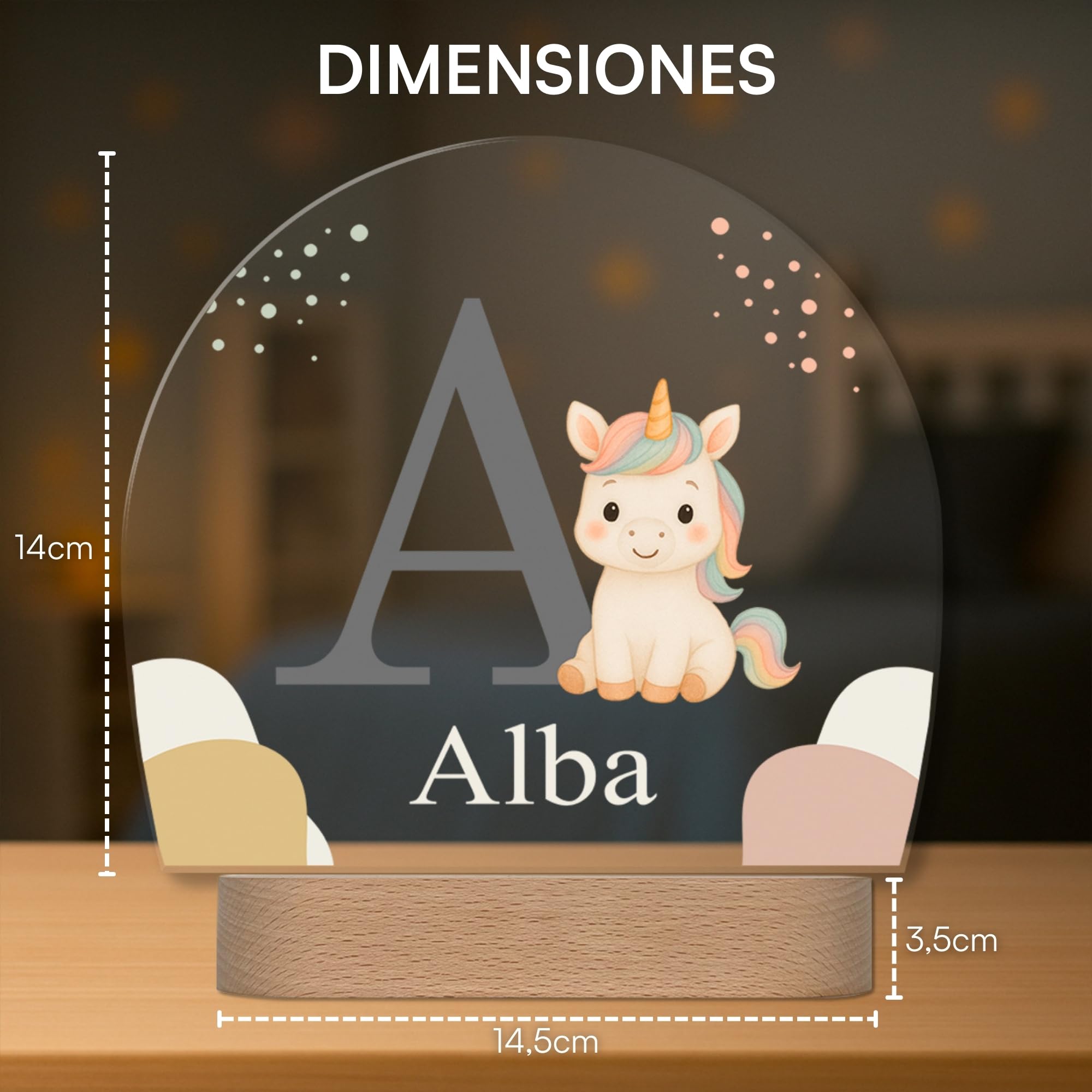 Lámpara Infantil Personalizada con Nombre e Inicial - Lámpara Quitamiedos con Luz LED - Regalo Original para Bebé, Bautizo, Cumpleaños (Unicornio)