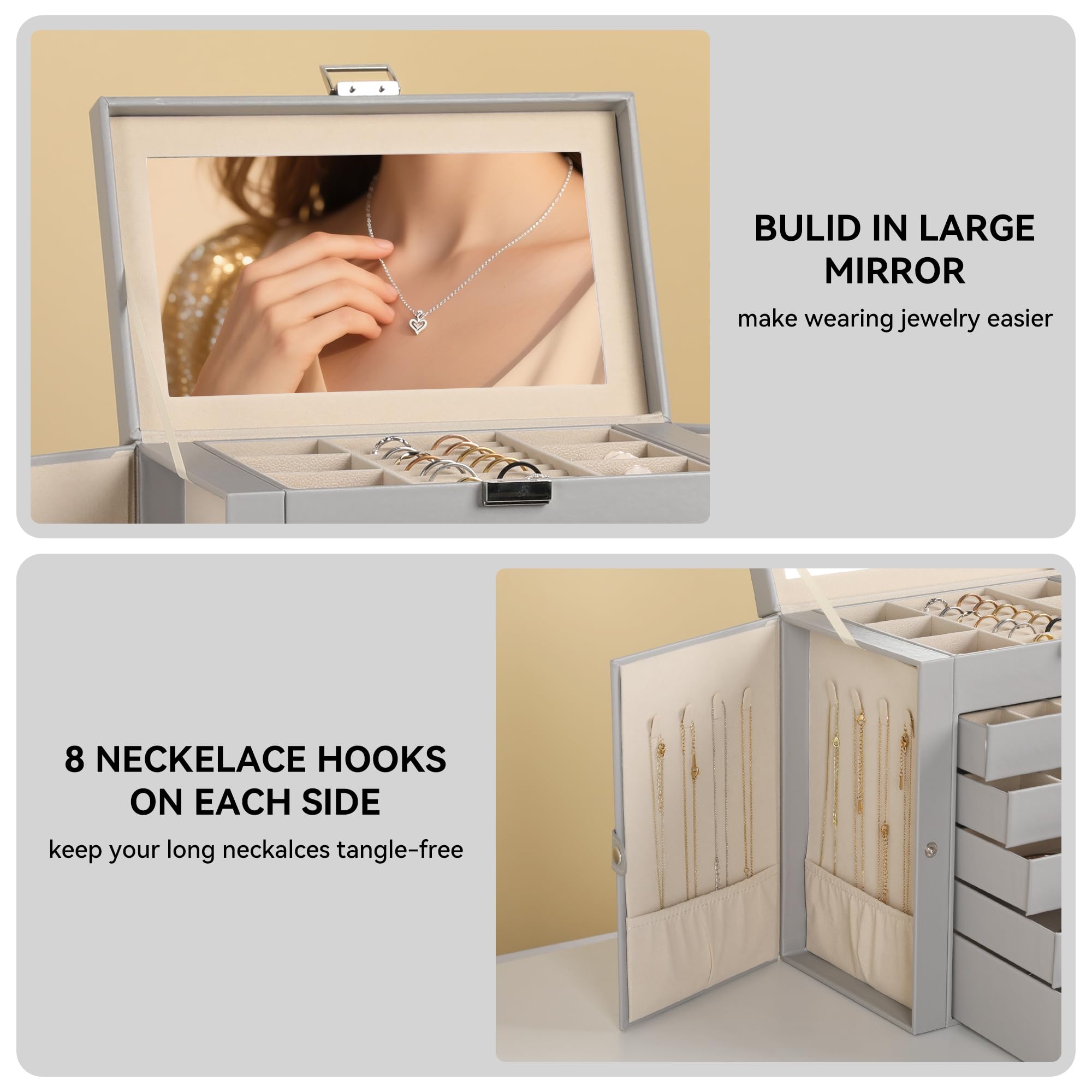 Frebeauty Grote juwelendoos, 6-laags PU-lederen sieradenorganizer