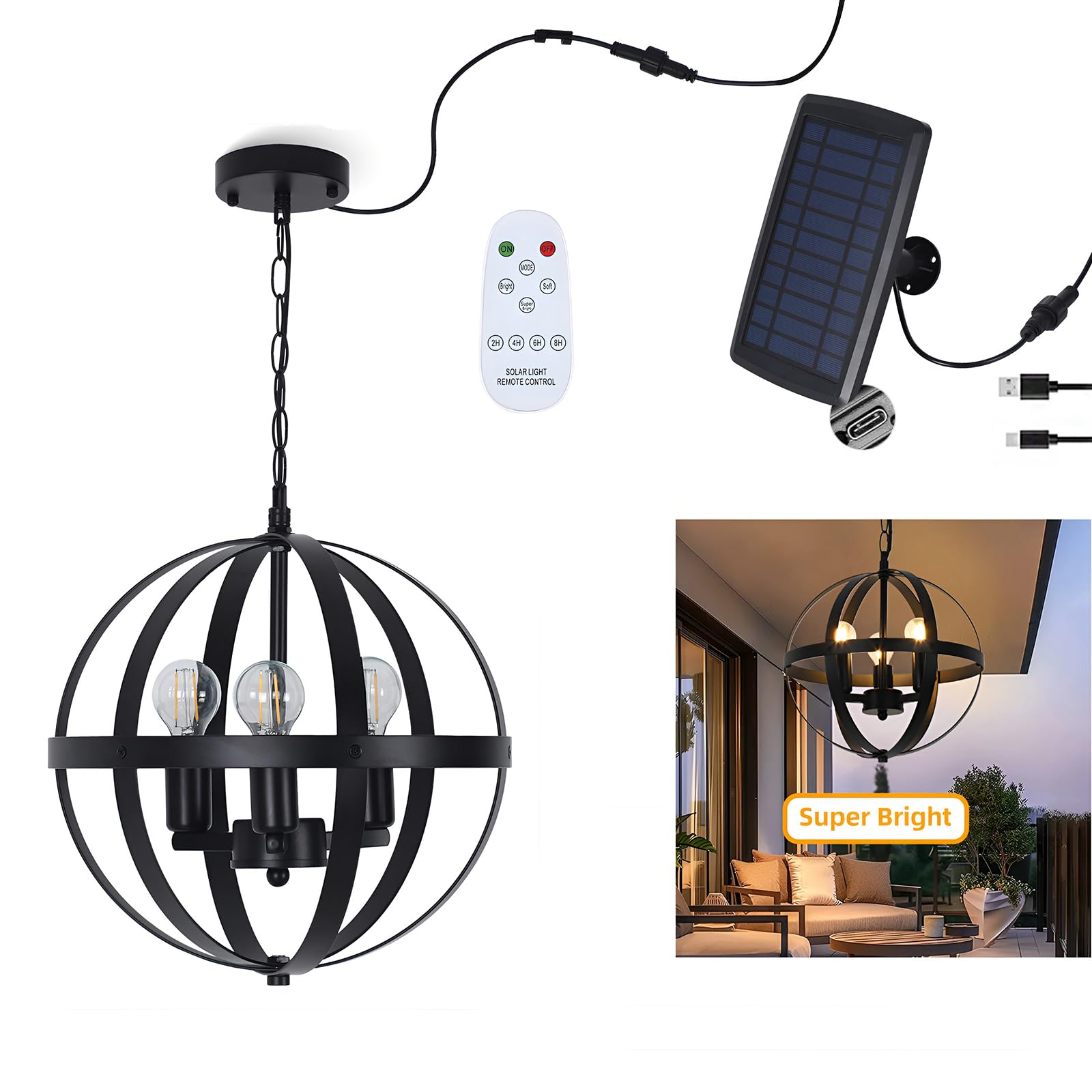 Photo 1 of [UNTESTED] MOUFIER Solar Pendant Light,3-Light Globe Solar Chandelier Outdoor/Indoor,Black Metal Orb Design,Waterproof Dimmable Hanging Pendant Lights for Gazebo, Pergola, Canopy,Garden