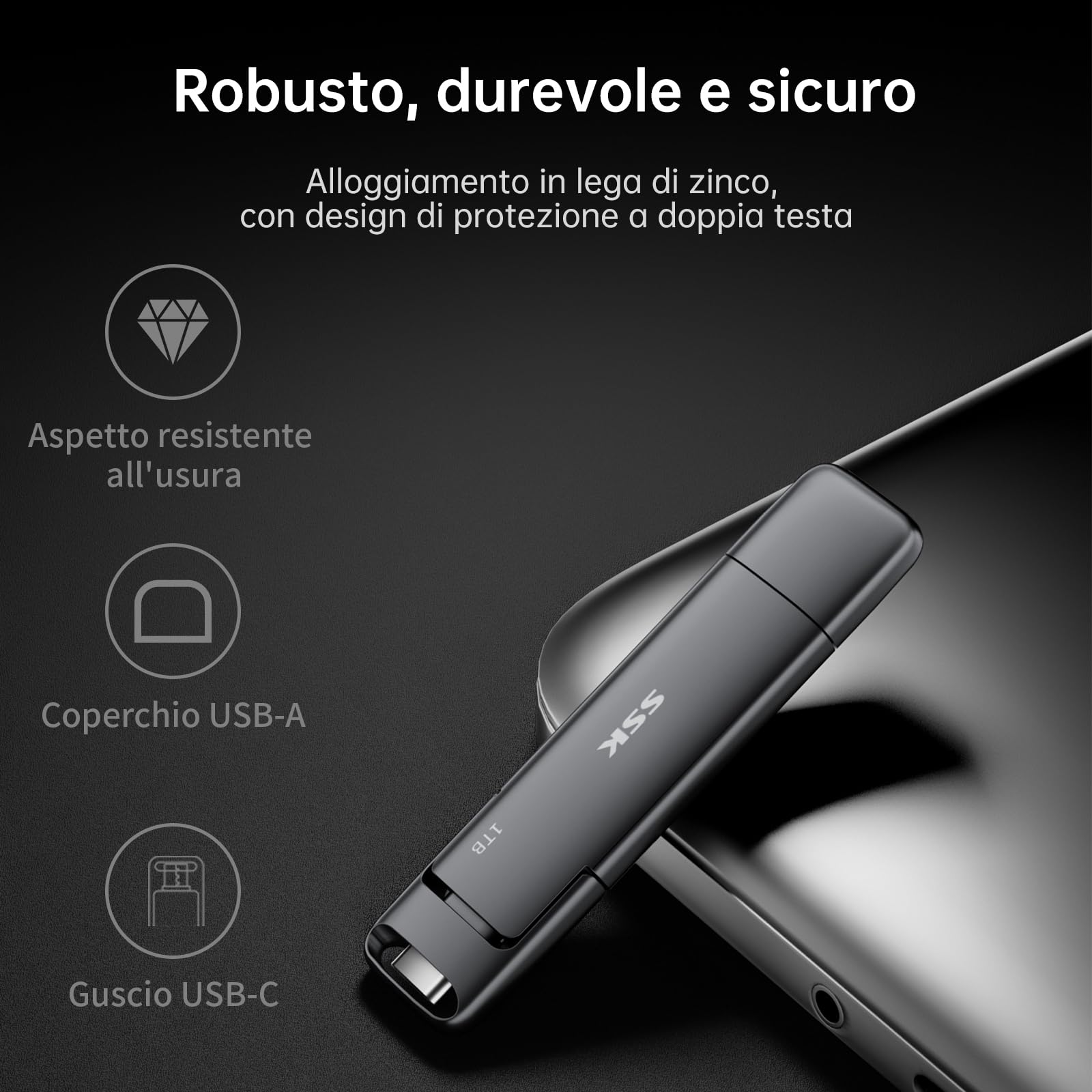 SSK SSD esterno portatile da 128GB Dual USB 3.2 Gen 2 Unità a stato solido fino a 550MB/s in lettura, adattatore USB A + tipo C 2 in 1 Disco rigido SSD da 128GB per laptop, tablet e altro
