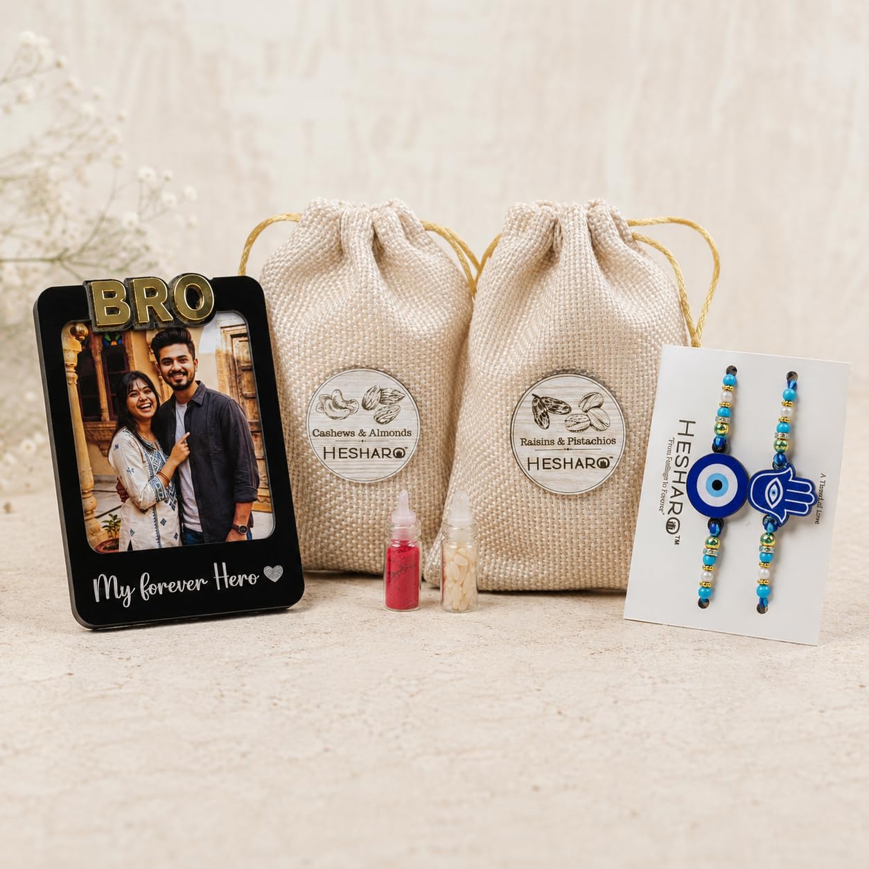 Personalized BHAI Fridge Magnet with 2 Evil Eye Rakhi & Dry Fruit Gift Hamper for Brother | Custom Photo Acrylic Magnet with Stand | Raksha Bandhan Gift Combo | Rakhi Gift Combo-image-5