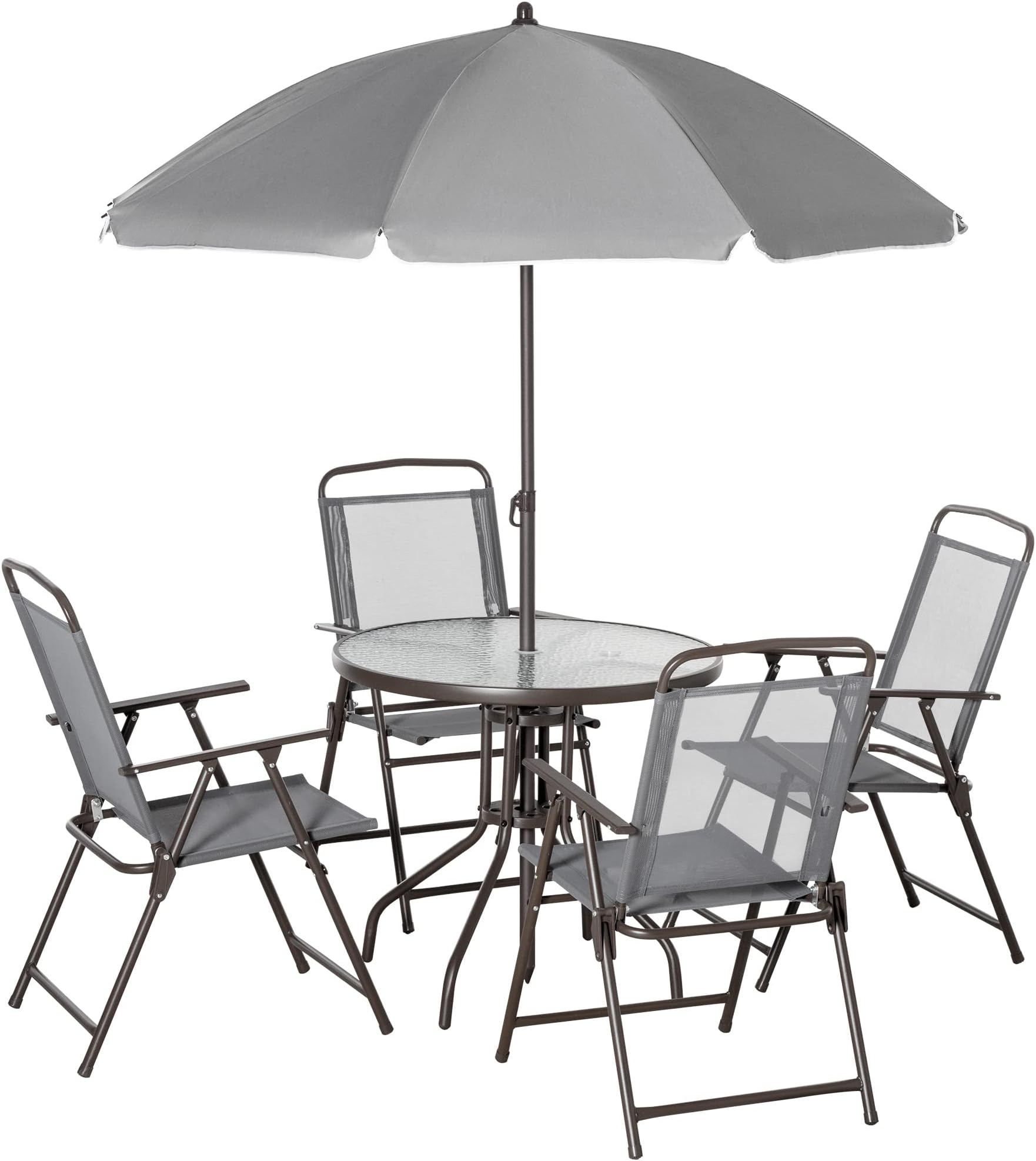 Outsunny 6 Piece Patio Dining Set for 4 with Umbrella, Outdoor Table and Chairs with 4 Folding Dining Chairs & Round Glass Table for Garden, Backyard and Poolside, Gray