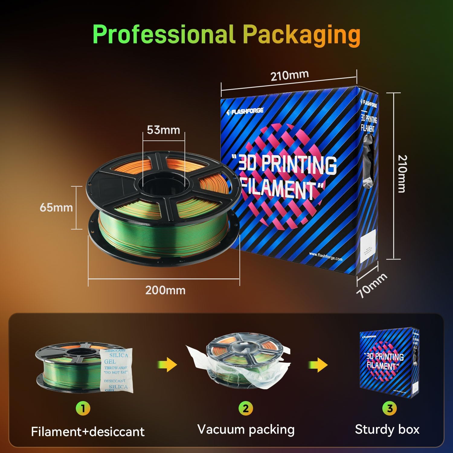 FLASHFORGE Silk Tri-Color PLA Filament 1.75mm, Coextrusion Orange Green Blue Triple Color Rainbow 3D Printer Filament, Enchanting Silk Finish with 360° Multicolor Shifting Color Effect - Image 6