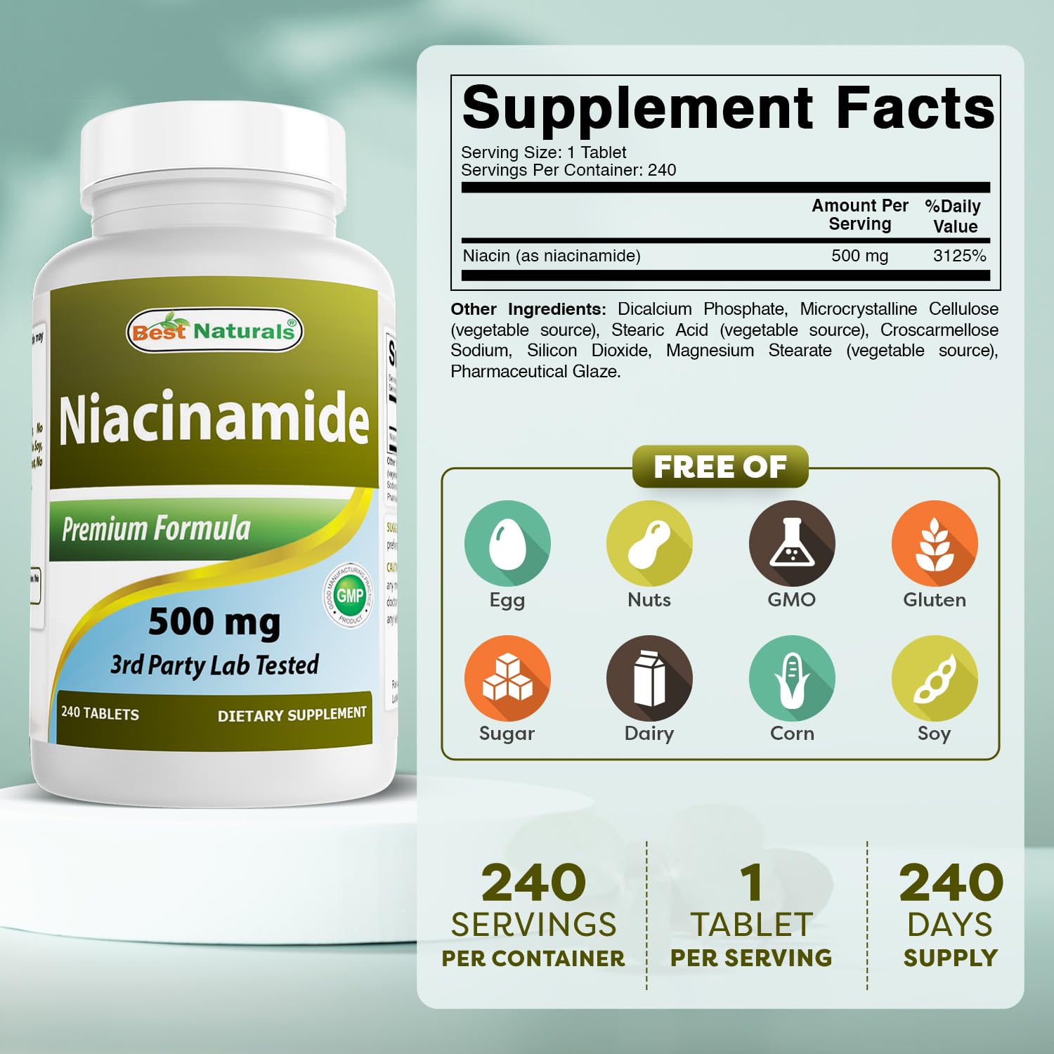Best Naturals Niacinamide 500mg 240 Tablets (Suitable for Vegetarian) - Non-Flushing Form of Niacin (Vitamin B3) — Amazon image 2