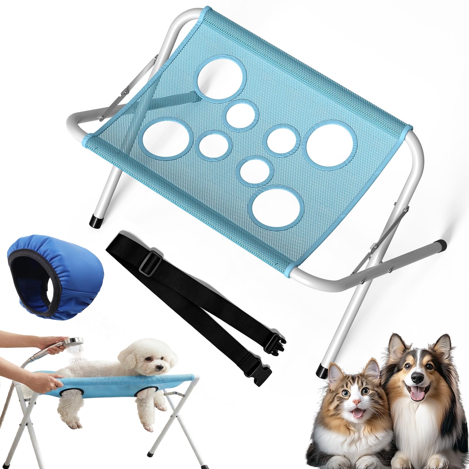 Pet Grooming Table for Small Dogs, Foldable Pet Bathing Stand 44 LBS Weight Capacity, Portable Cats Bathing Hammock with Strap for Bathing Nail Trimming 8 Hole Design，Blue