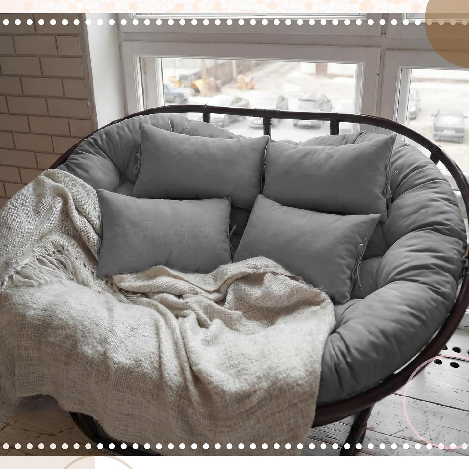 SmoothNovelty Gray Double Papasan Cushion Waterproof Papasan Backrest Thickened Cushion with Matching Headrest Lumbar Accessory Pillows for Living Room Bedroom